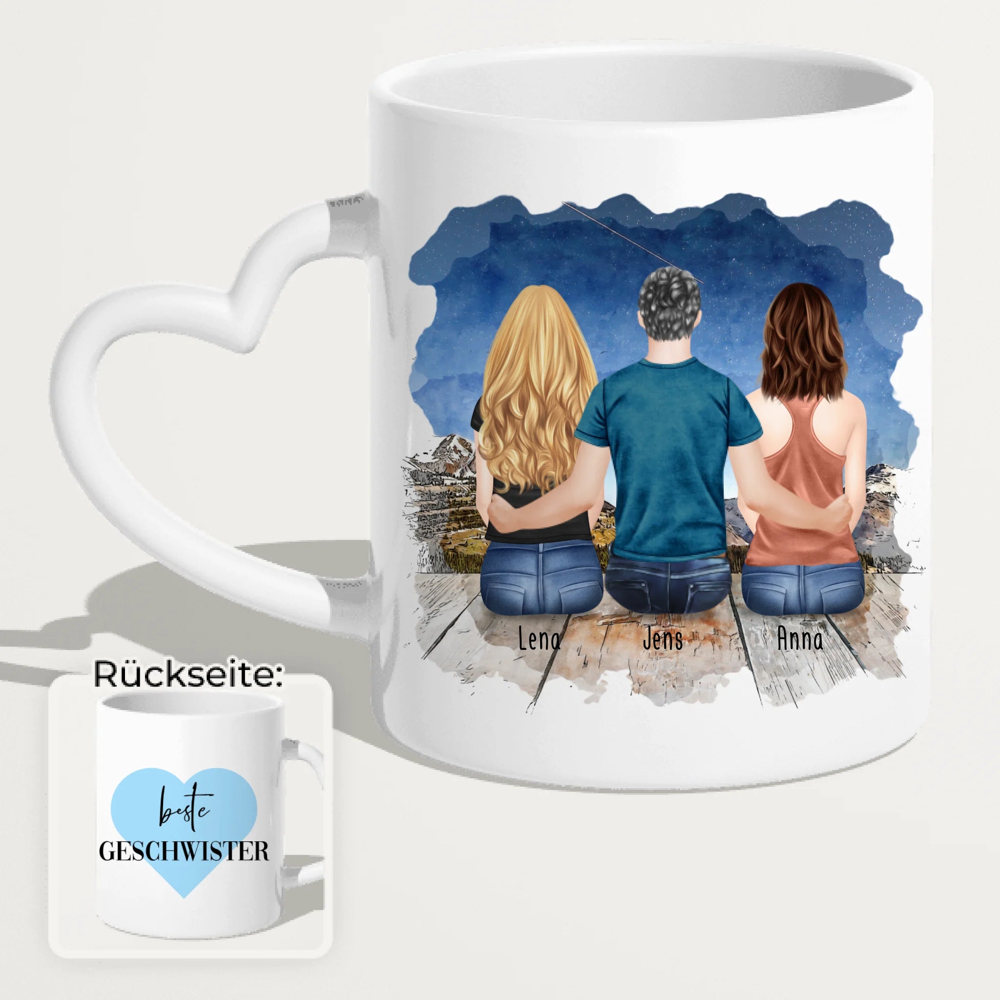 Personalisierte Tasse mit Bruder/Schwester (2 Schwester + 1 Bruder)