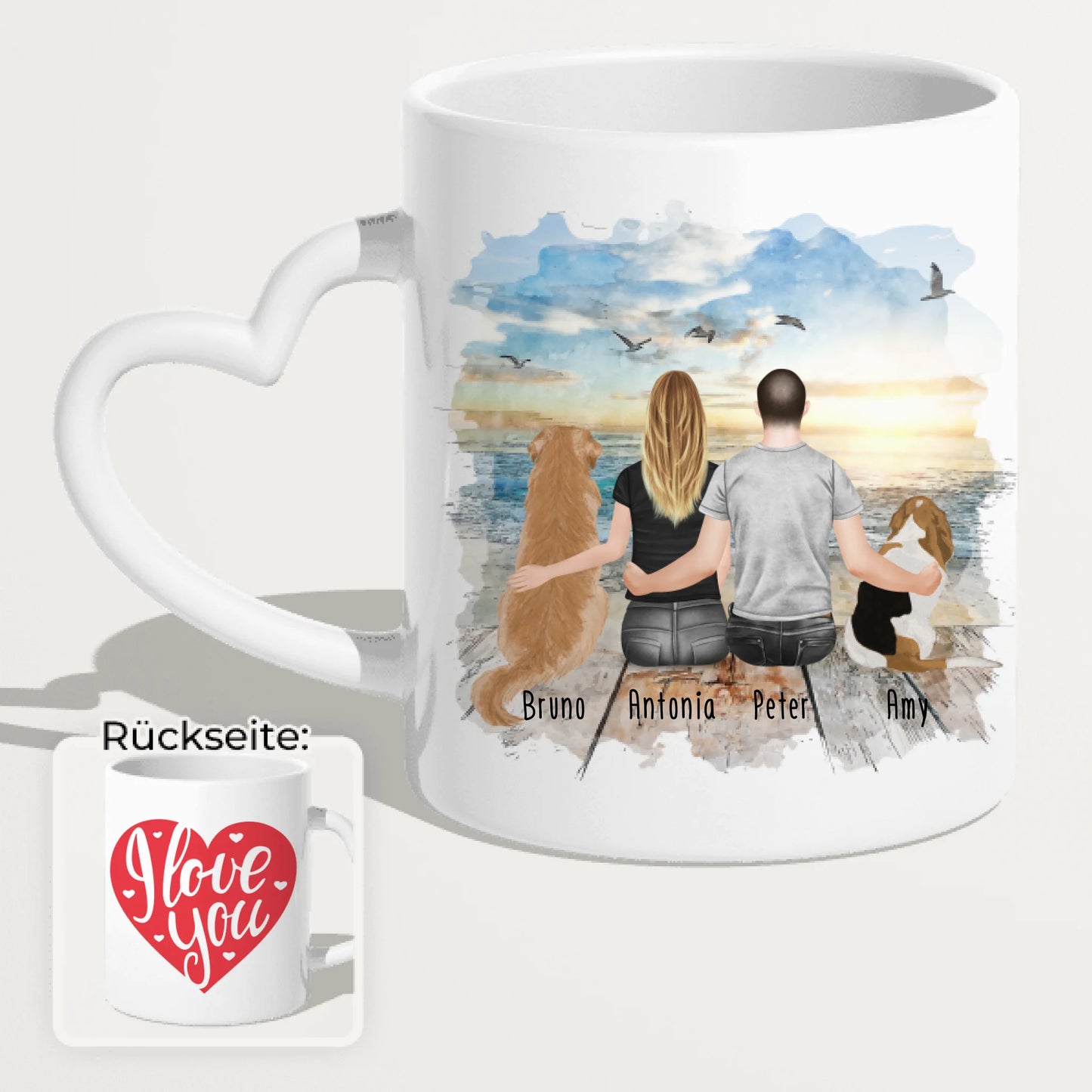 Personalisierte Tasse mit Pärchen und 2 Hunden