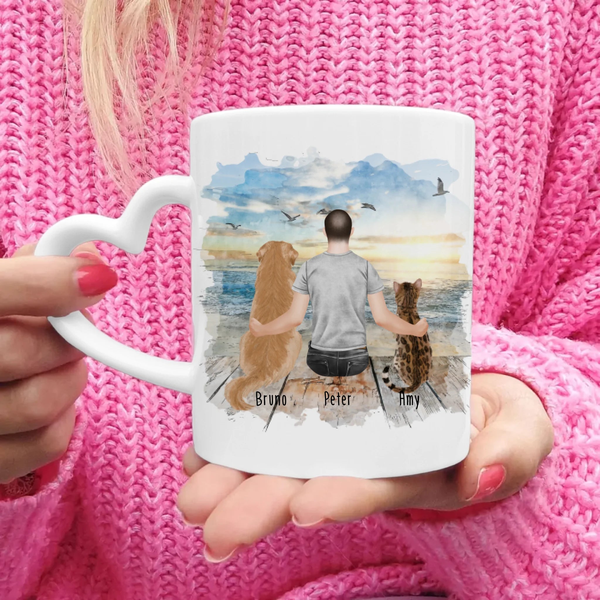 Personalisierte Tasse mit Hund, Katze und Mann (1 Hund + 1 Katze + 1 Mann)