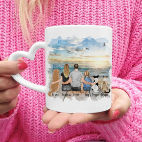 Personalisierte Tasse mit Familie + 2 Hunde + 1 Katze (1 Kind)
