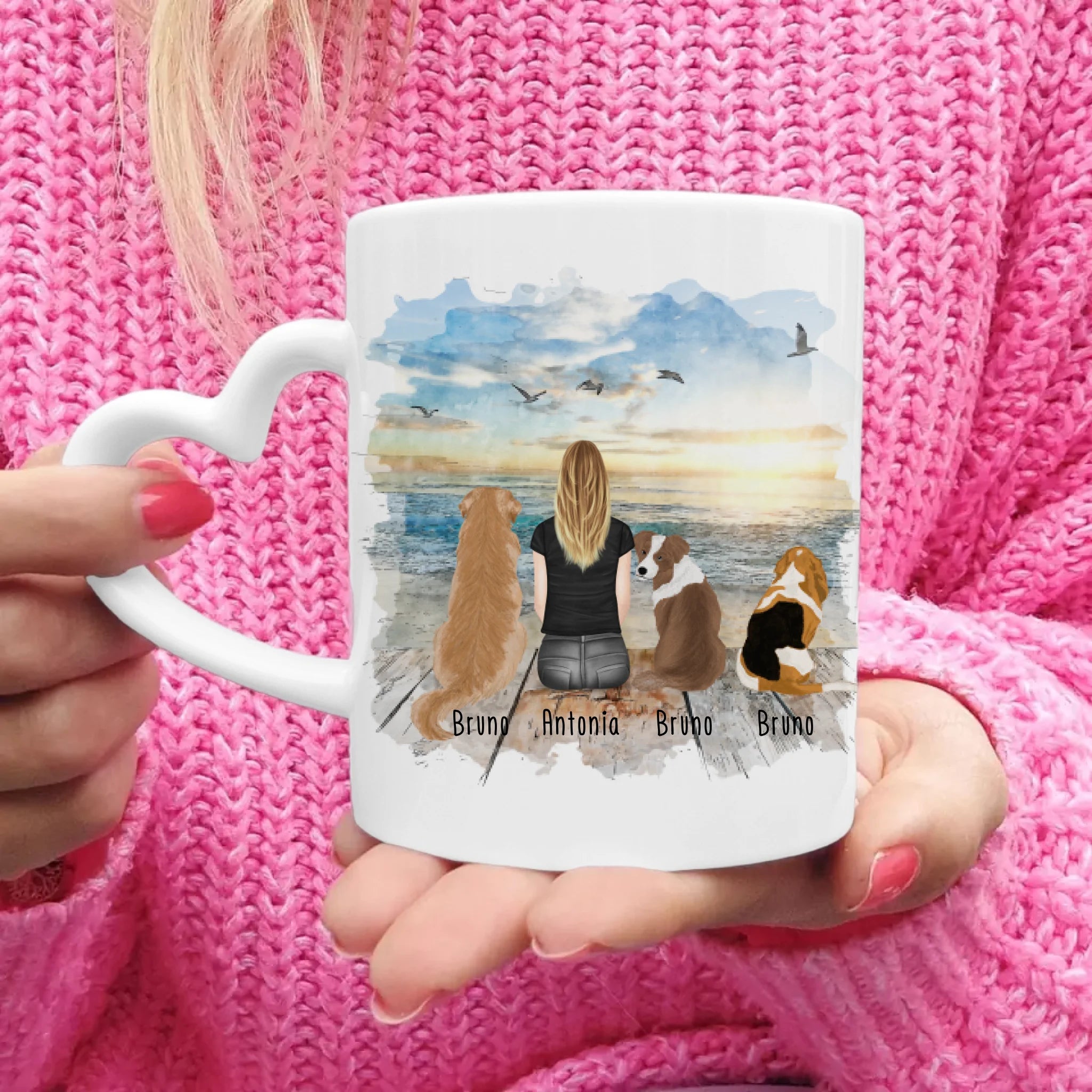 Personalisierte Tasse 1 Frau + 3 Hunde