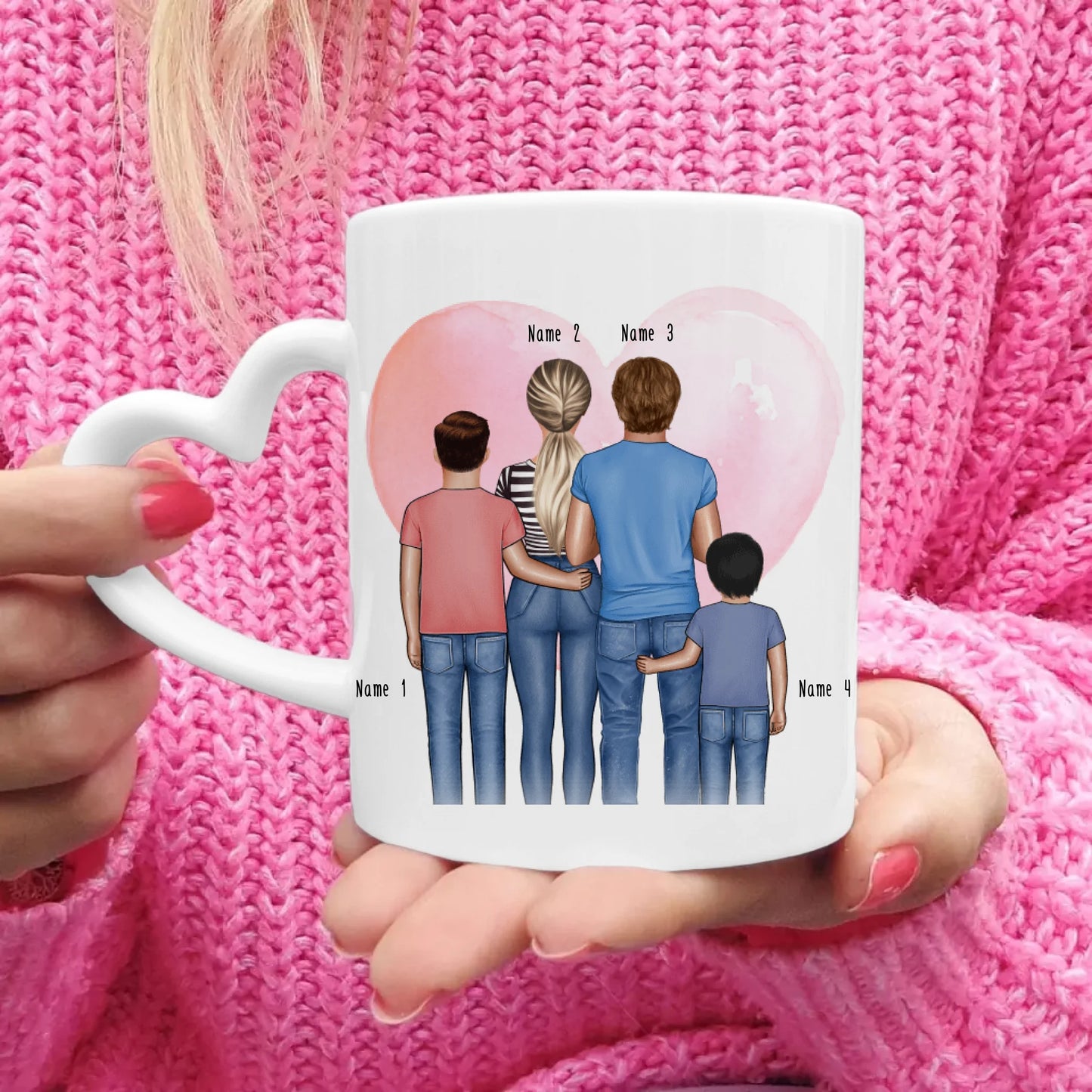 Personalisierte Tasse - Familie + 2 Babys/Kinder/Teenager stehend