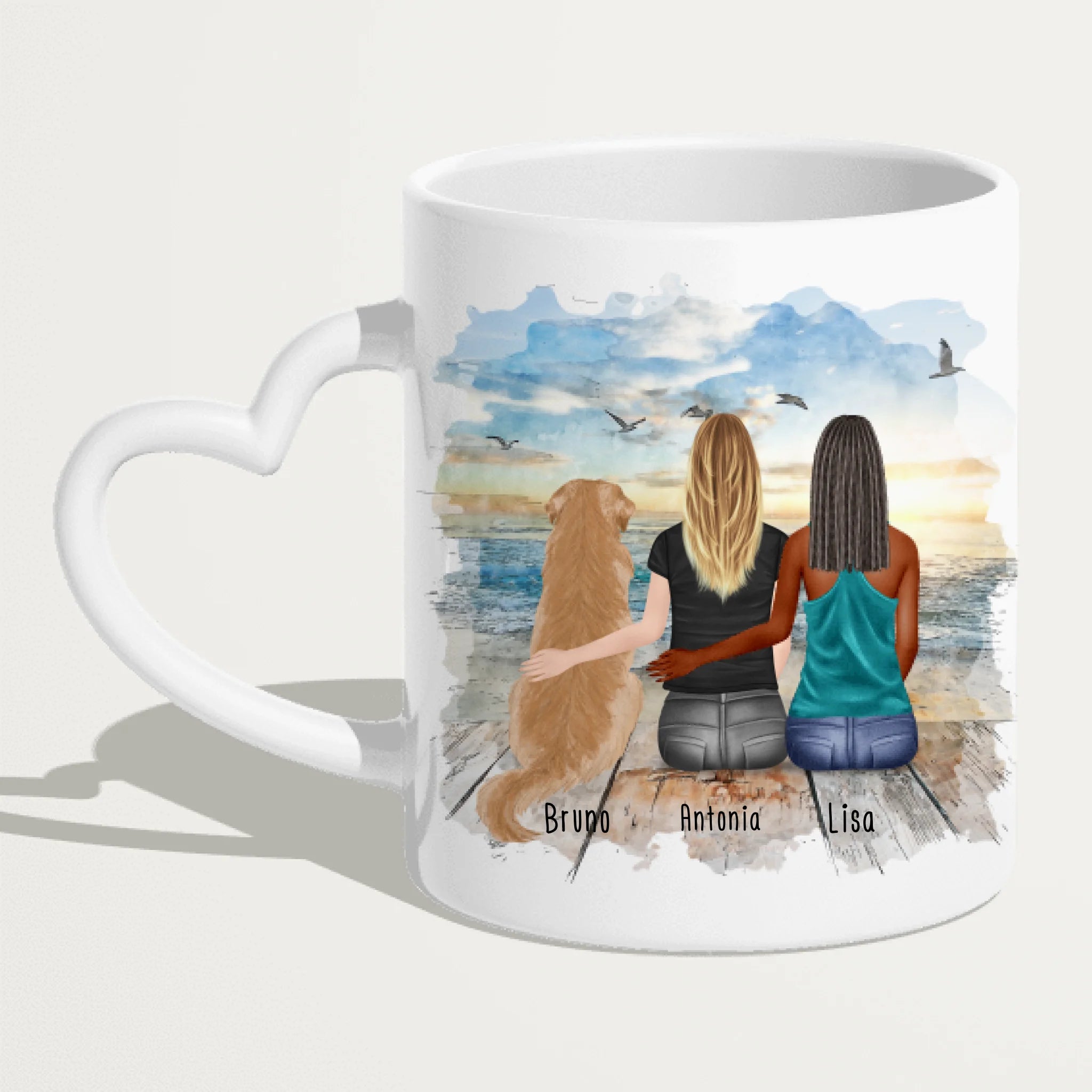 Personalisierte Tasse mit Hund und Frauen (1 Hund + 2 Frauen)