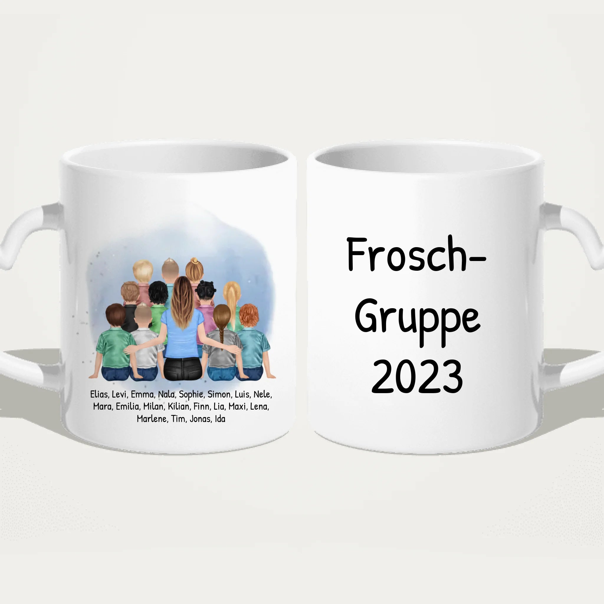 Personalisierte Tasse mit Erzieher/Erzieherin und Kindergartengruppe/Kita (11-26 Kinder)