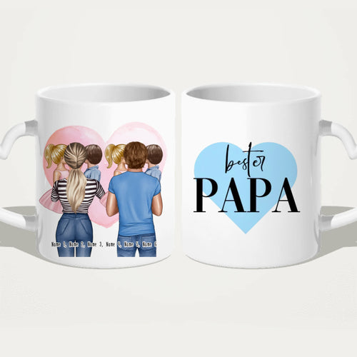 Personalisierte Tasse Mutter/Mama + Vater/Papa mit je 1 Kind & 1 Baby