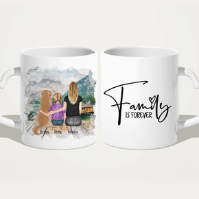 Personalisierte Tasse mit 1 Frau + 1 Kind + 1 Hund
