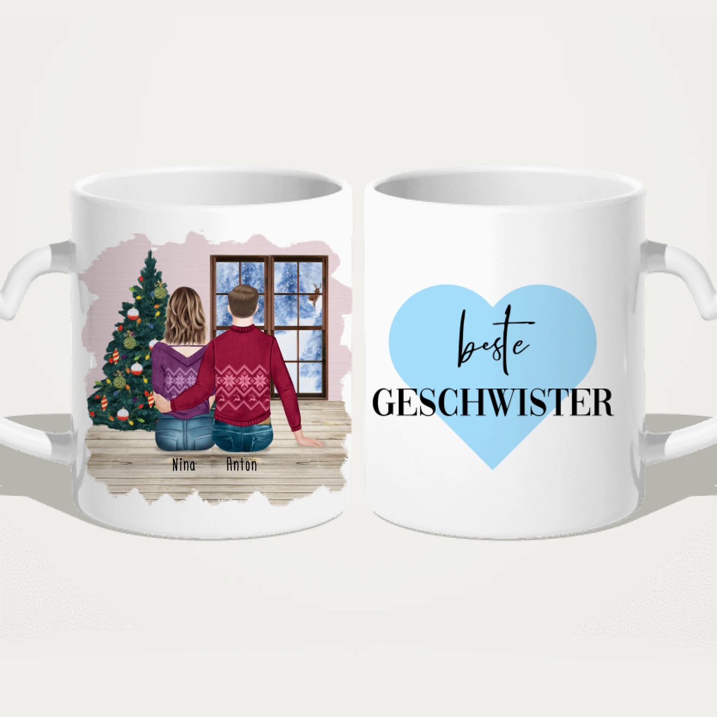 Personalisierte Tasse mit Bruder/Schwester (1 Schwester + 1 Bruder) - Weihnachtstasse