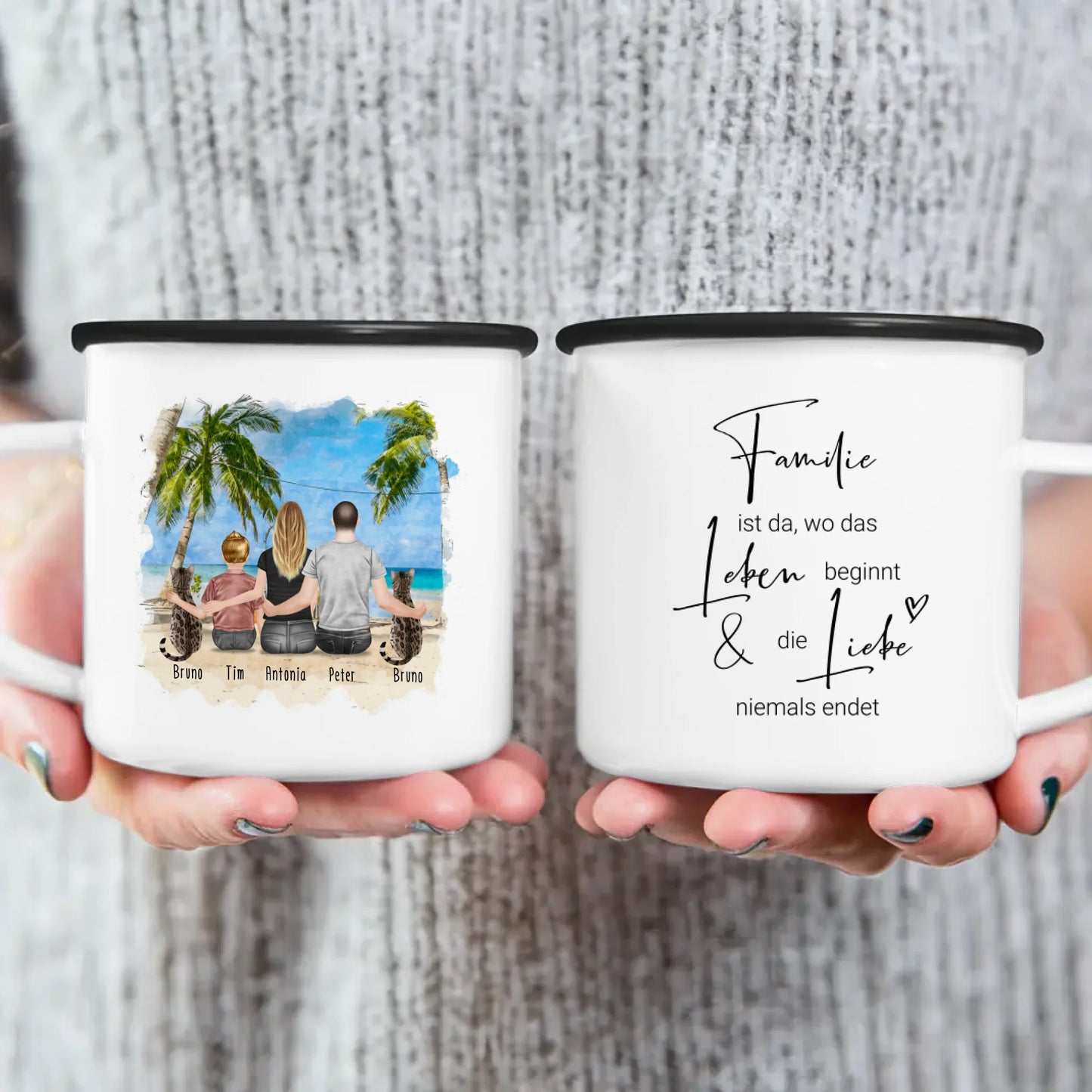 Personalisierte Tasse mit Familie + 2 Katzen (1 Kind)