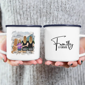 Personalisierte Tasse mit 2 Frauen + 1 Kind + 1 Hund