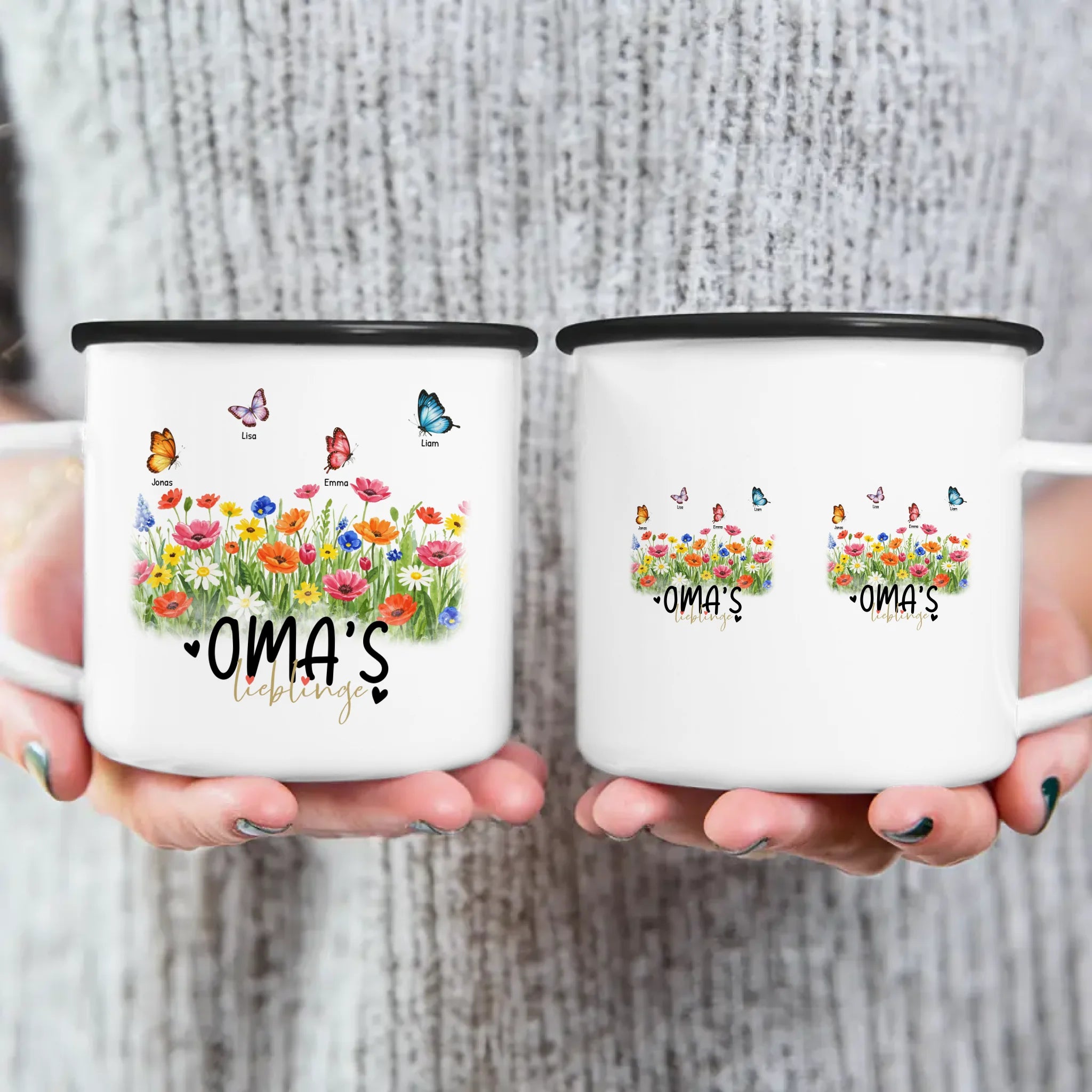 Personalisierte Tasse  - Oma's Garten mit 1-10 Schmetterlingen