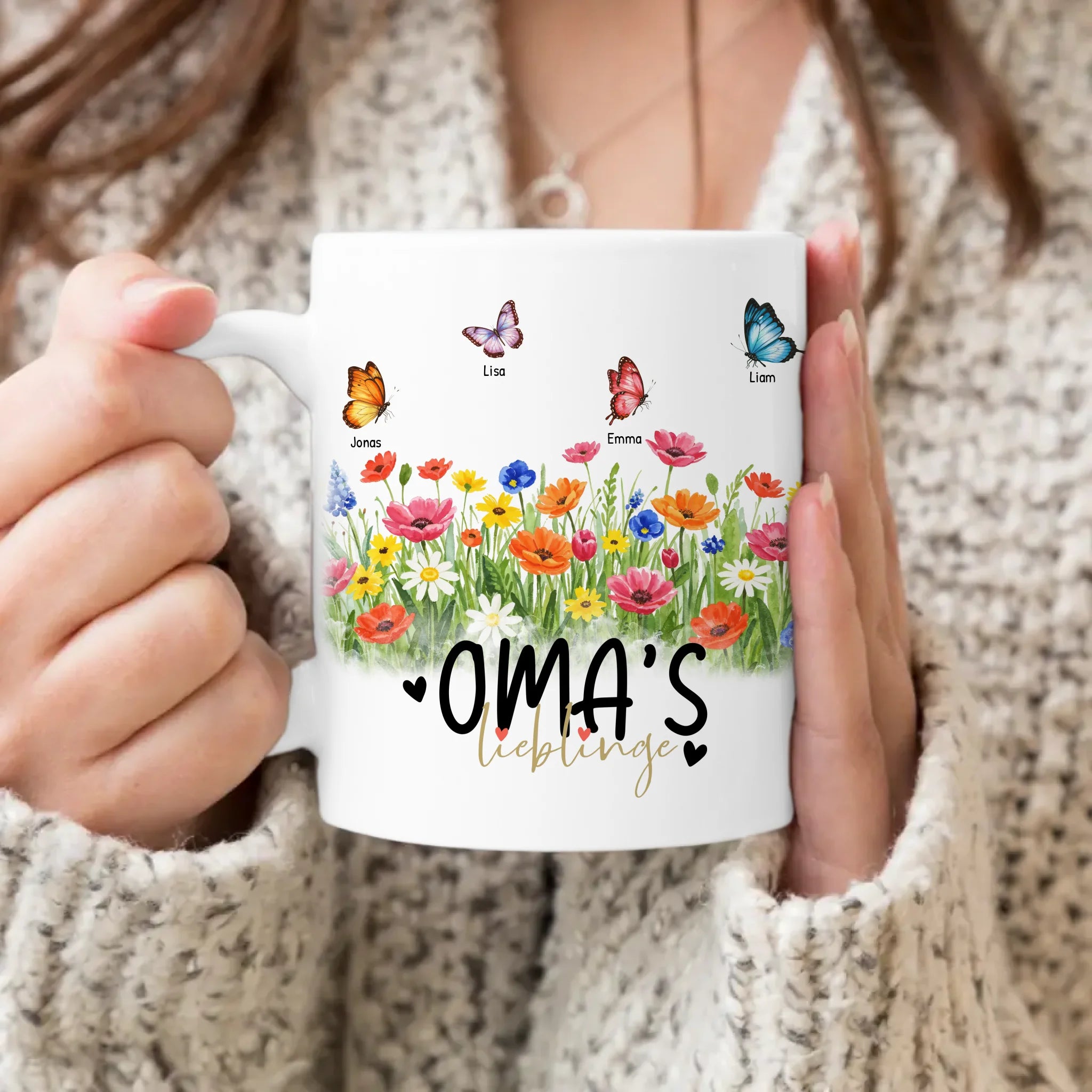 Personalisierte Tasse  - Oma's Garten mit 1-10 Schmetterlingen