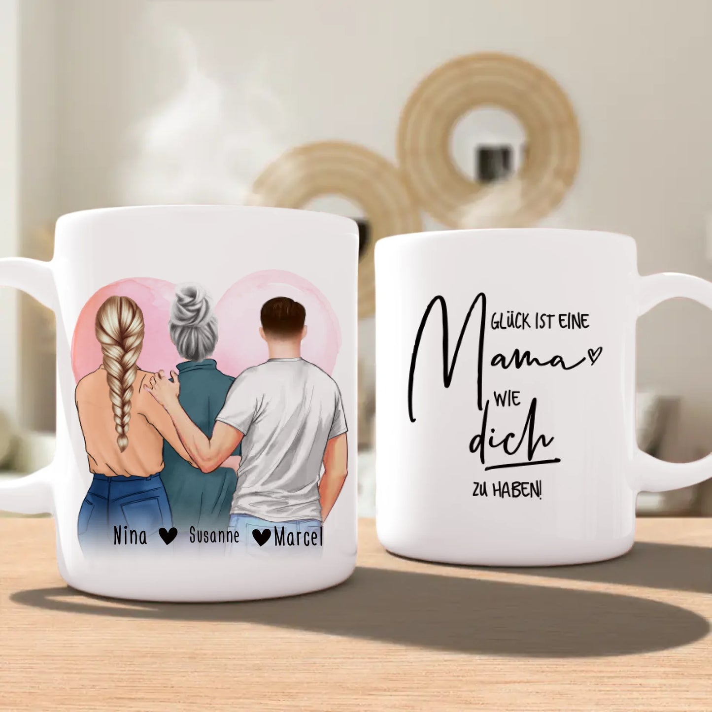 Personalisierte Tasse - Mutter/Mama + 1 Tochter + 1 Sohn (stehend)