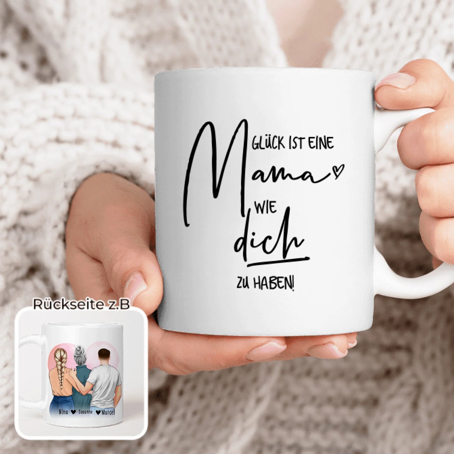 Personalisierte Tasse - Mutter/Mama + 1 Tochter + 1 Sohn (stehend)