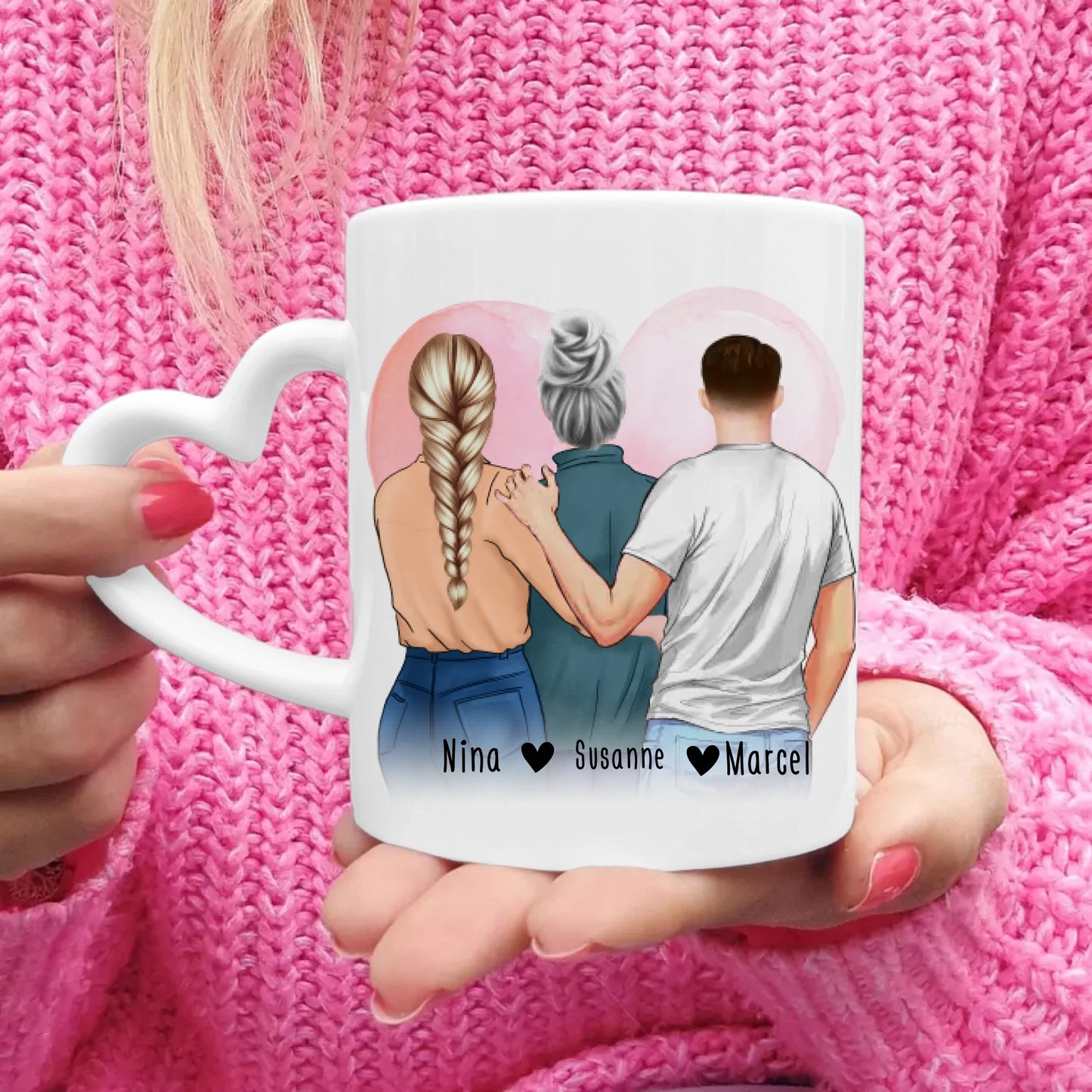 Personalisierte Tasse - Mutter/Mama + 1 Tochter + 1 Sohn (stehend)