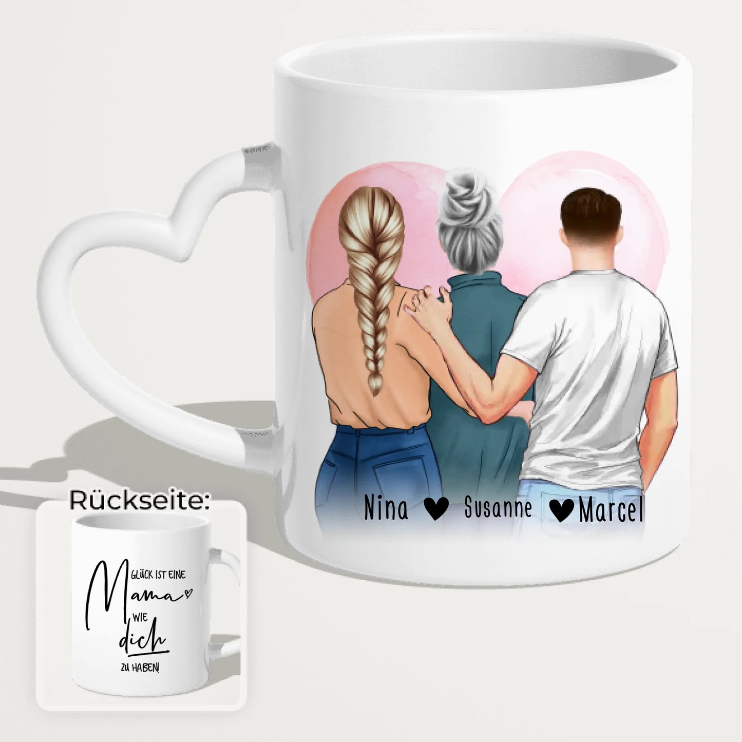 Personalisierte Tasse - Mutter/Mama + 1 Tochter + 1 Sohn (stehend)