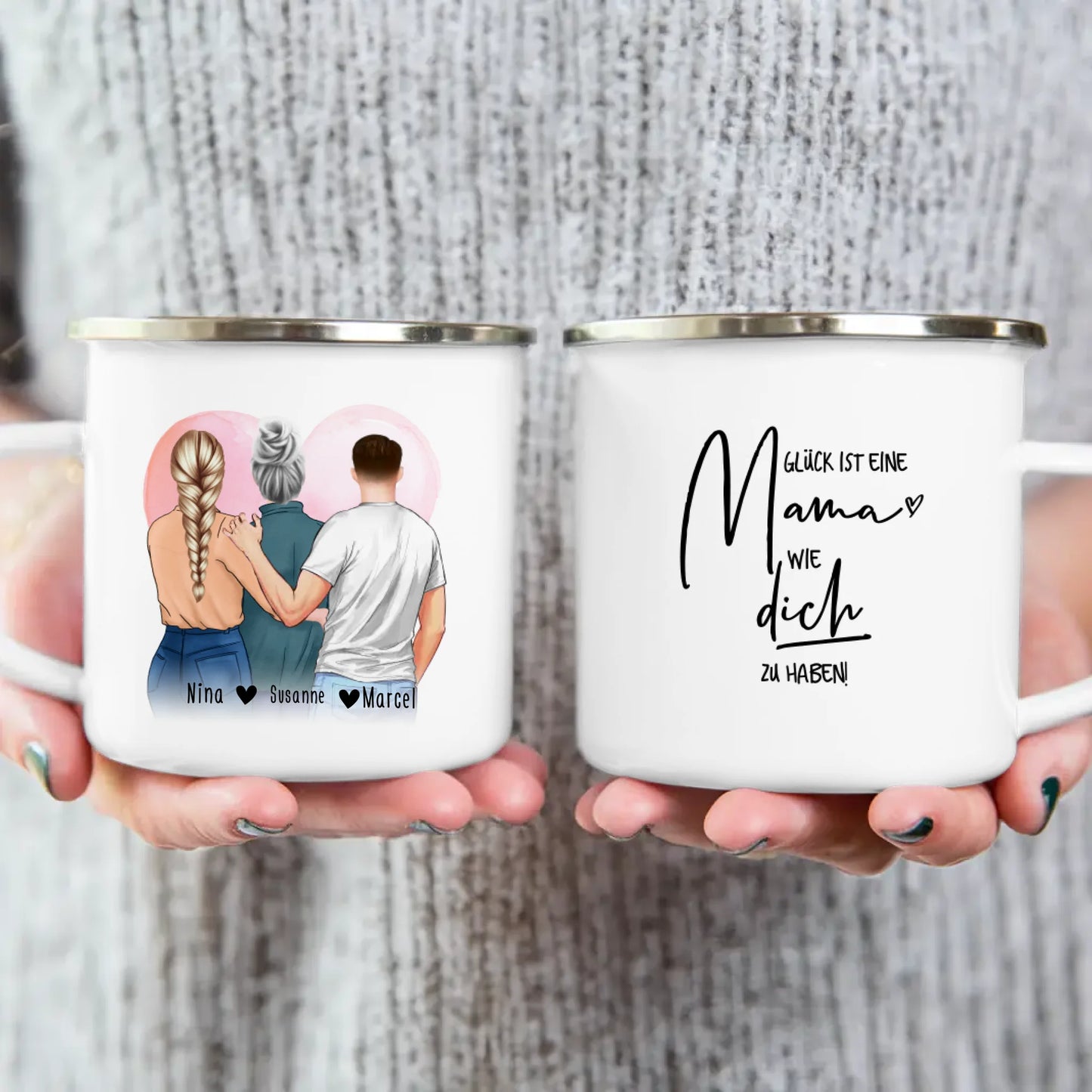 Personalisierte Tasse - Mutter/Mama + 1 Tochter + 1 Sohn (stehend)
