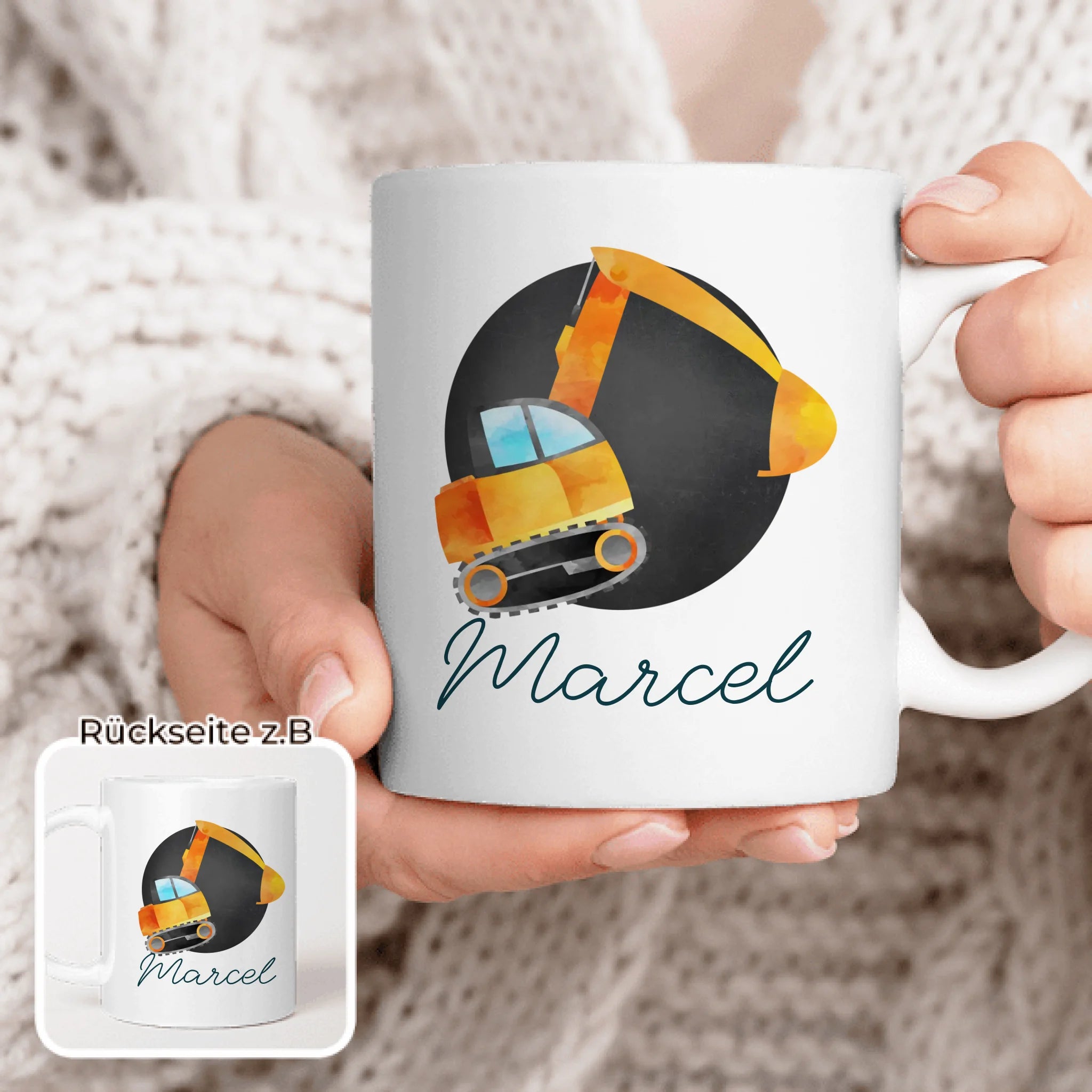Personalisierte Kindertasse mit Bagger und Namen
