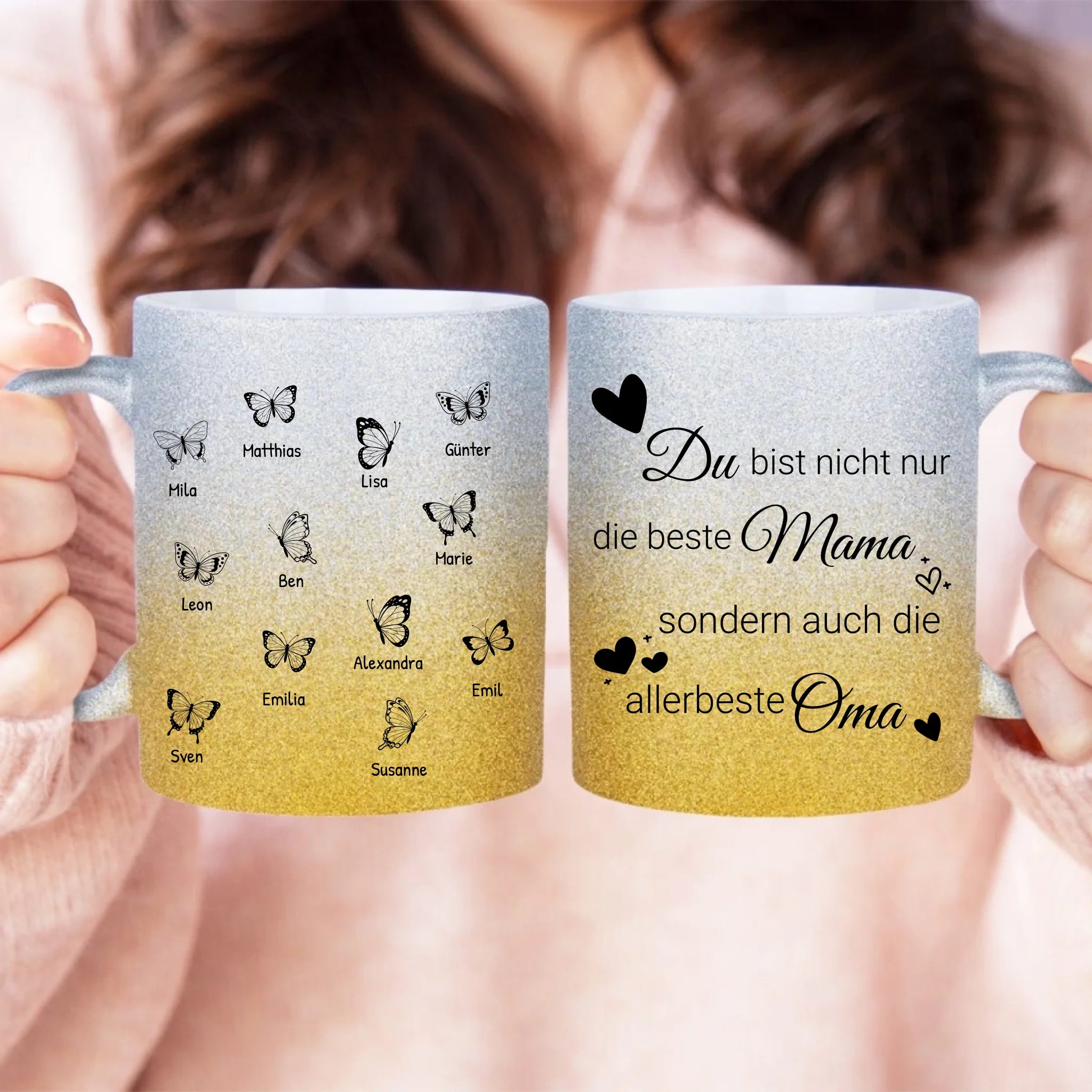 Personalisierte Glitzertasse - Du bist nicht nur die beste Mama sondern auch die allerbeste Oma mit 1-12 Schmetterlingen/Namen