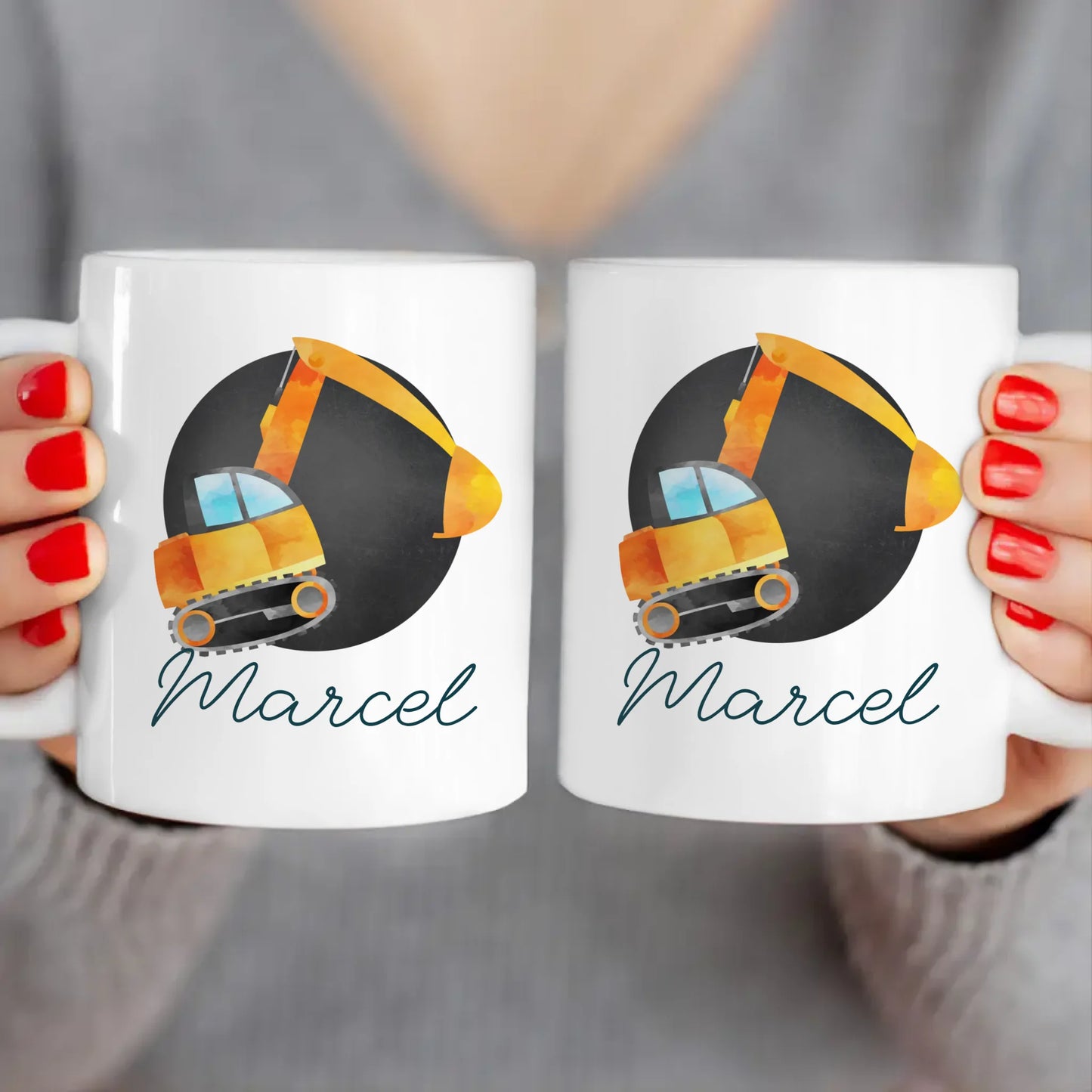 Personalisierte Kindertasse mit Bagger und Namen