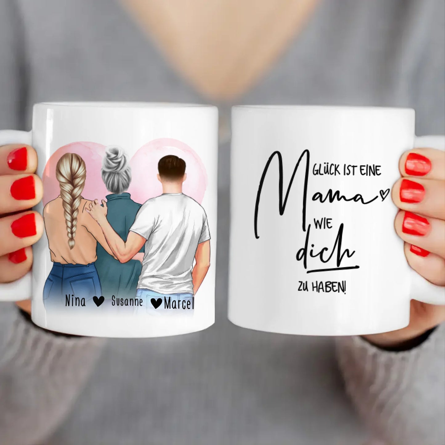 Personalisierte Tasse - Mutter/Mama + 1 Tochter + 1 Sohn (stehend)