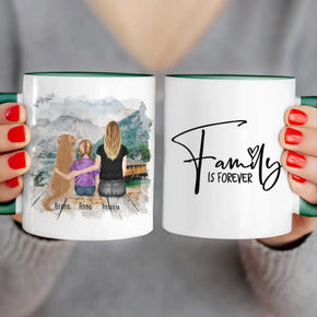 Personalisierte Tasse mit 1 Frau + 1 Kind + 1 Hund