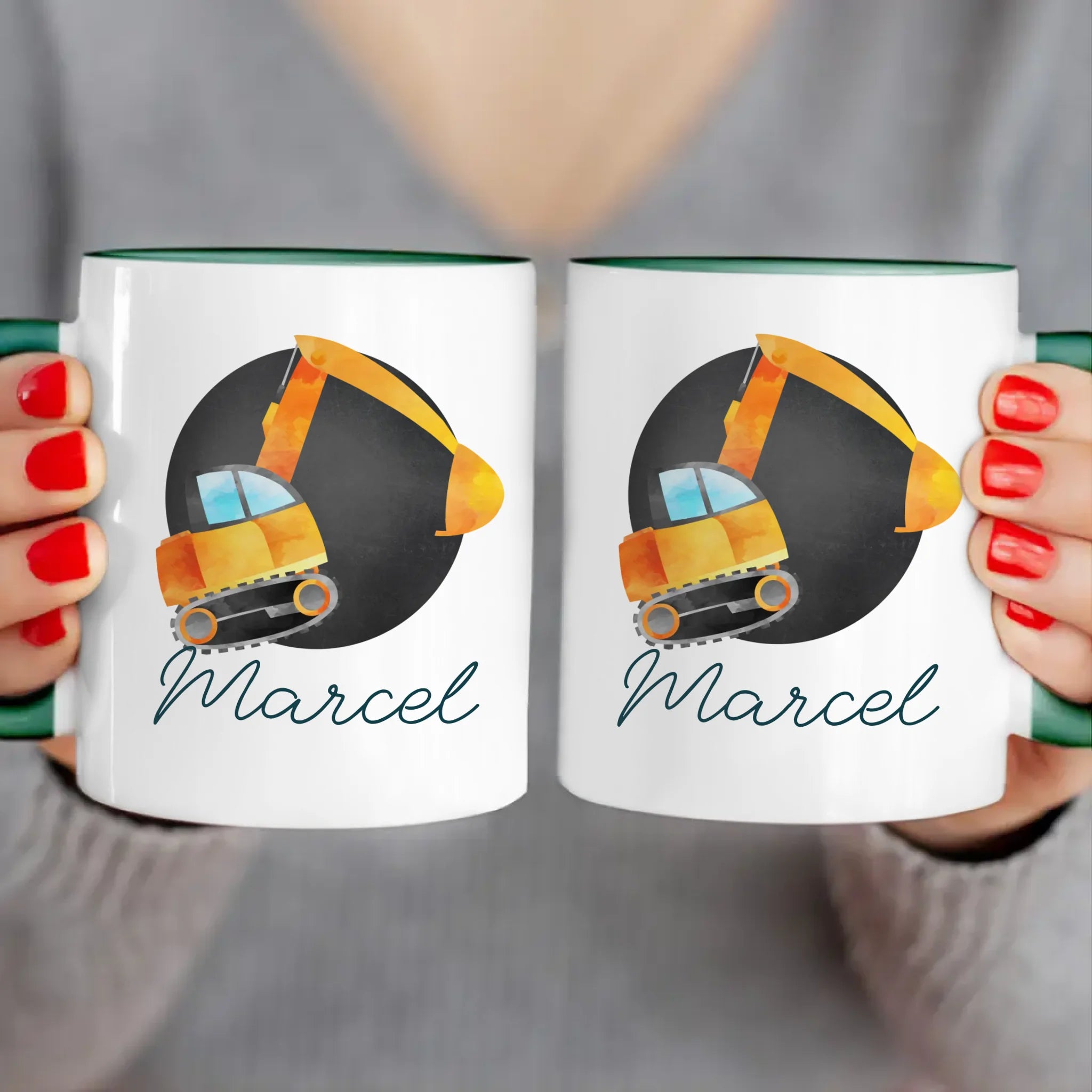 Personalisierte Kindertasse mit Bagger und Namen