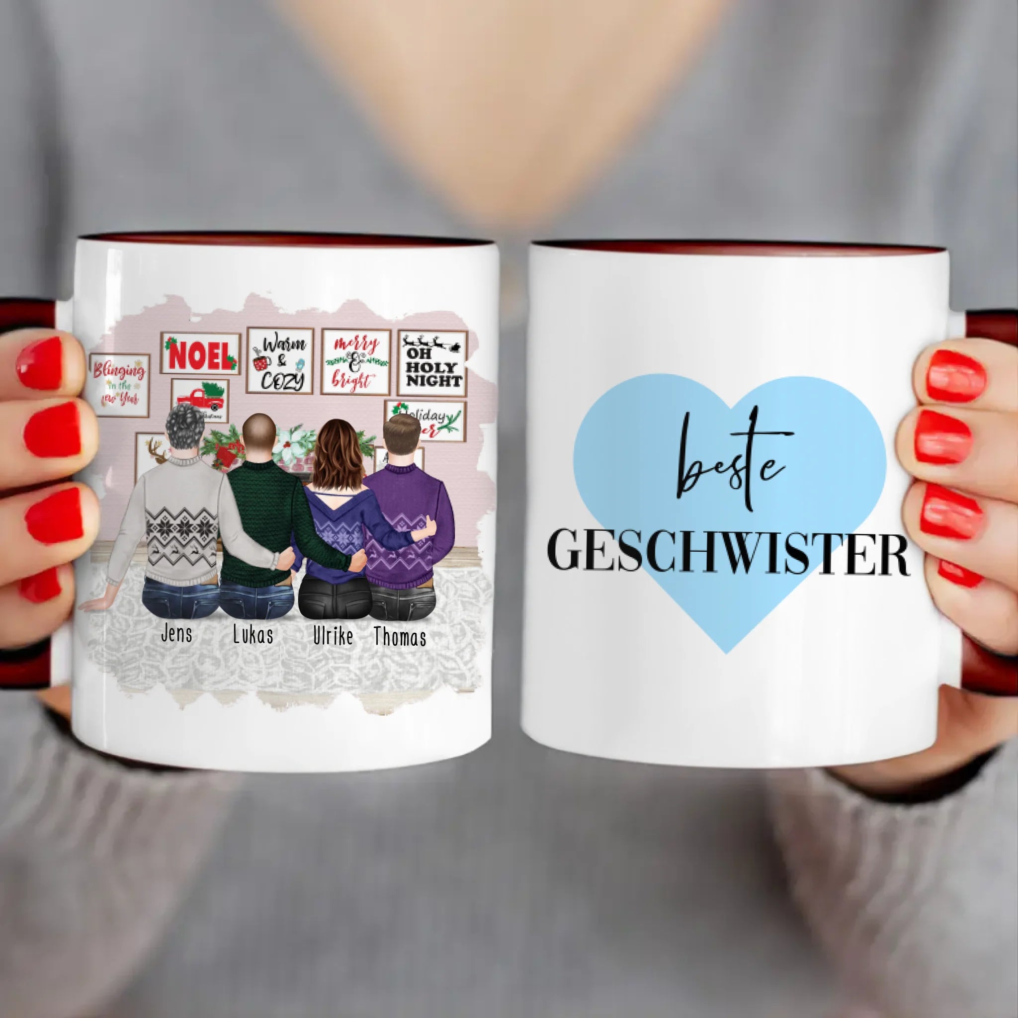 Personalisierte Tasse mit Bruder/Schwester (1 Schwester + 3 Brüder) - Weihnachtstasse