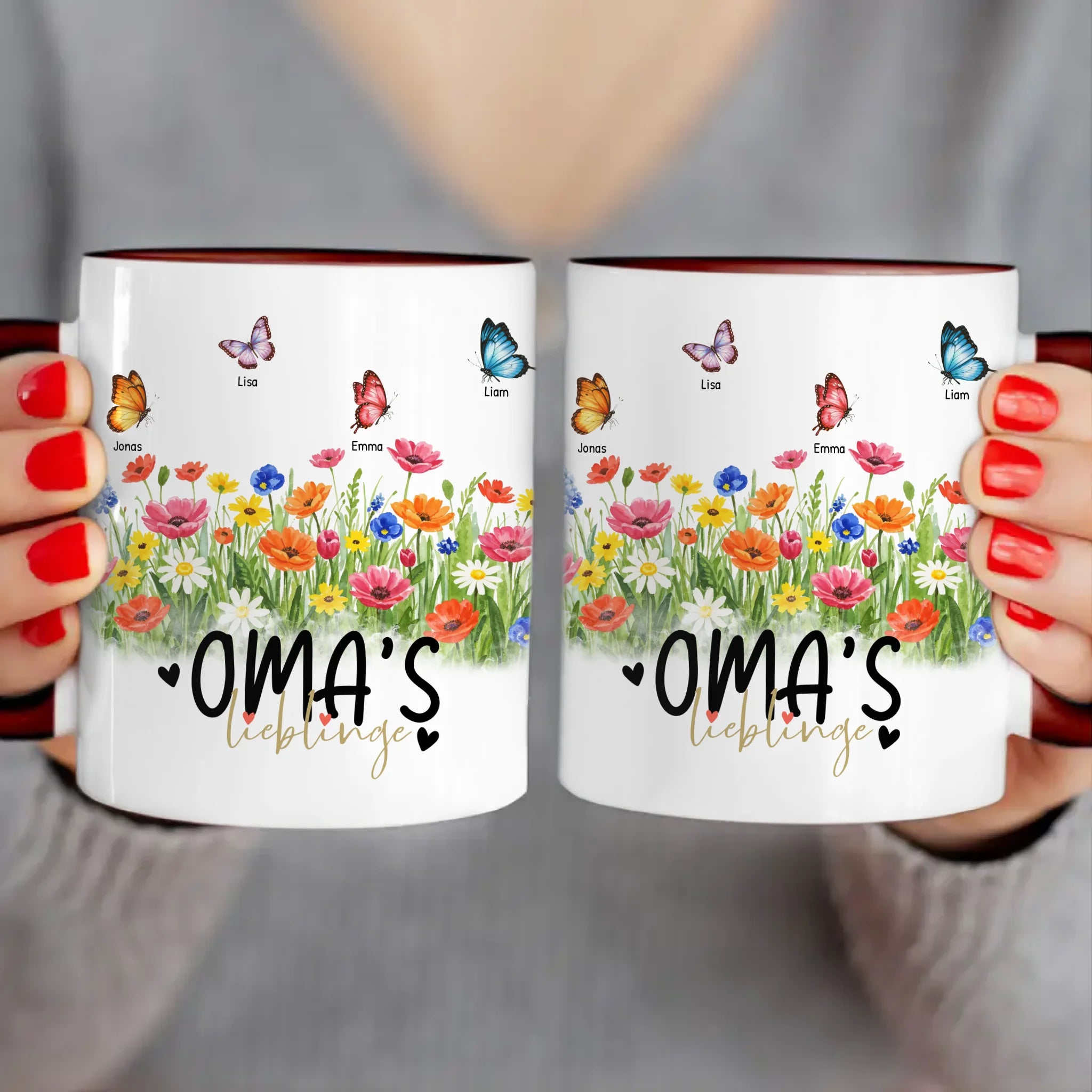 Personalisierte Tasse  - Oma's Garten mit 1-10 Schmetterlingen
