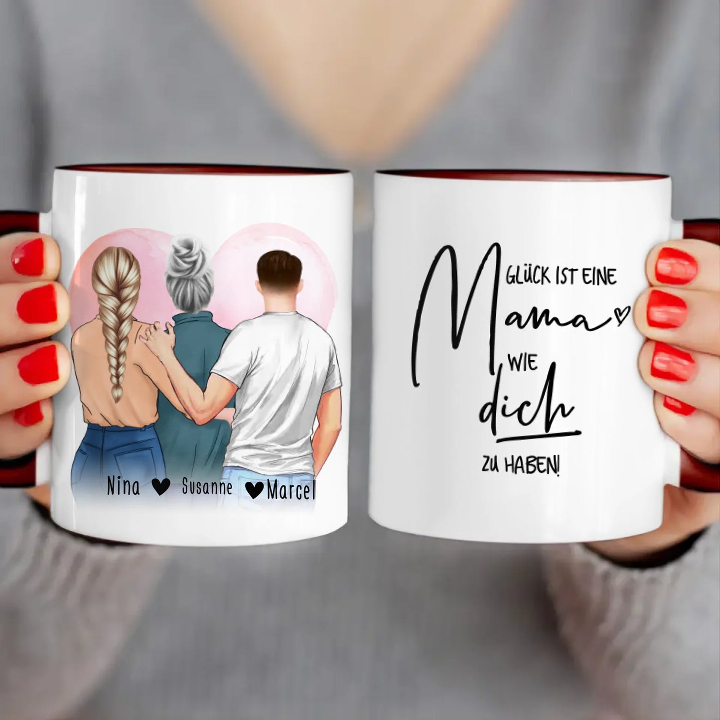 Personalisierte Tasse - Mutter/Mama + 1 Tochter + 1 Sohn (stehend)