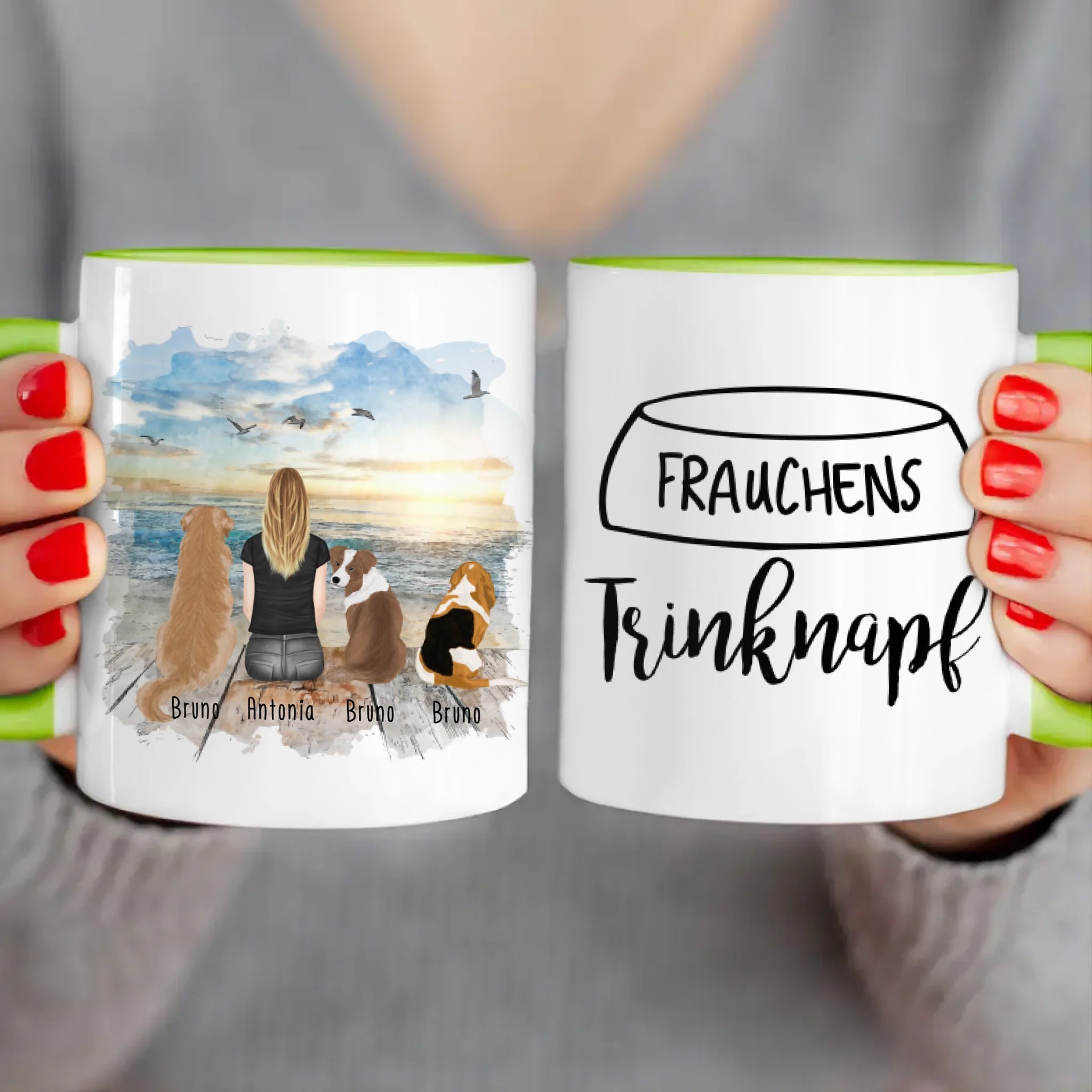 Personalisierte Tasse 1 Frau + 3 Hunde