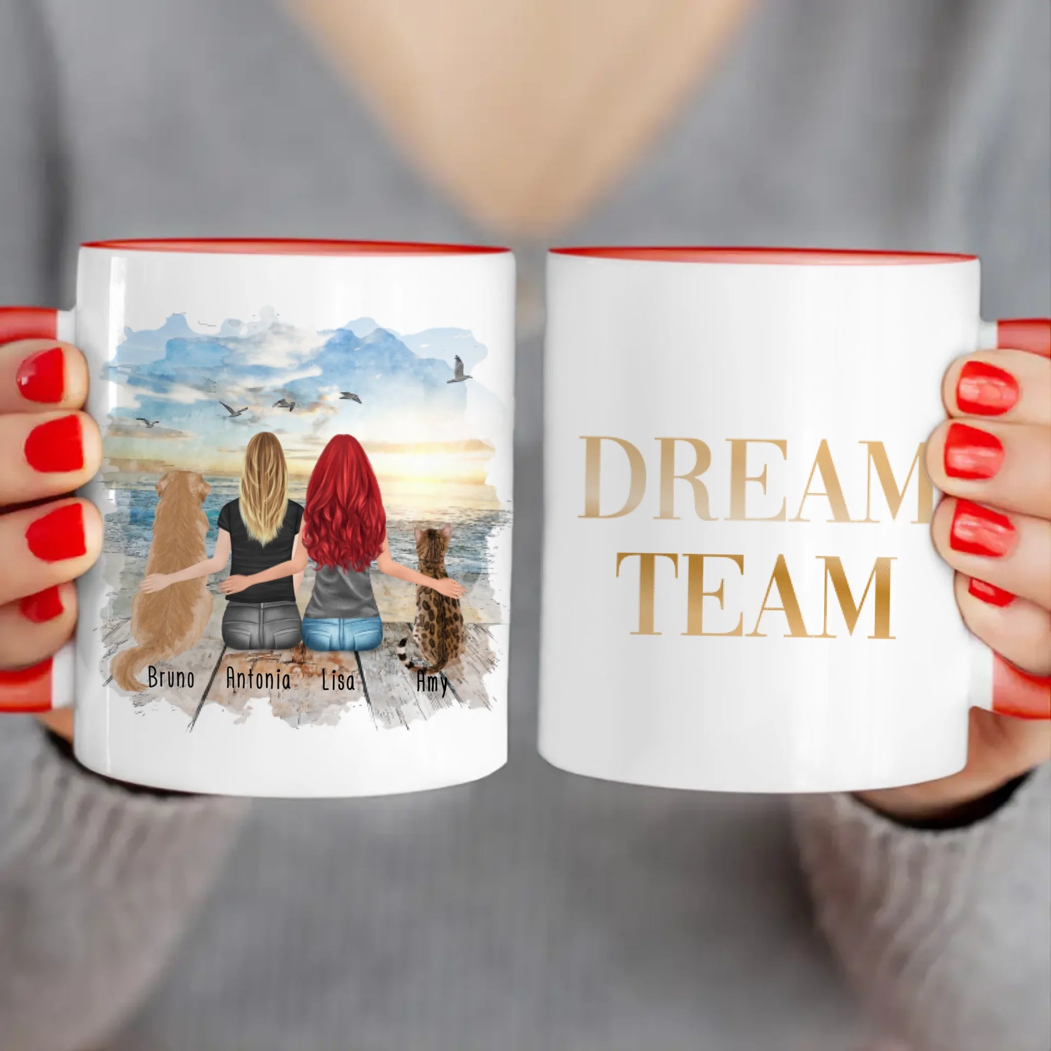 Personalisierte Tasse mit Hund, Katze und Frauen (1 Hund + 1 Katze + 2 Frauen)