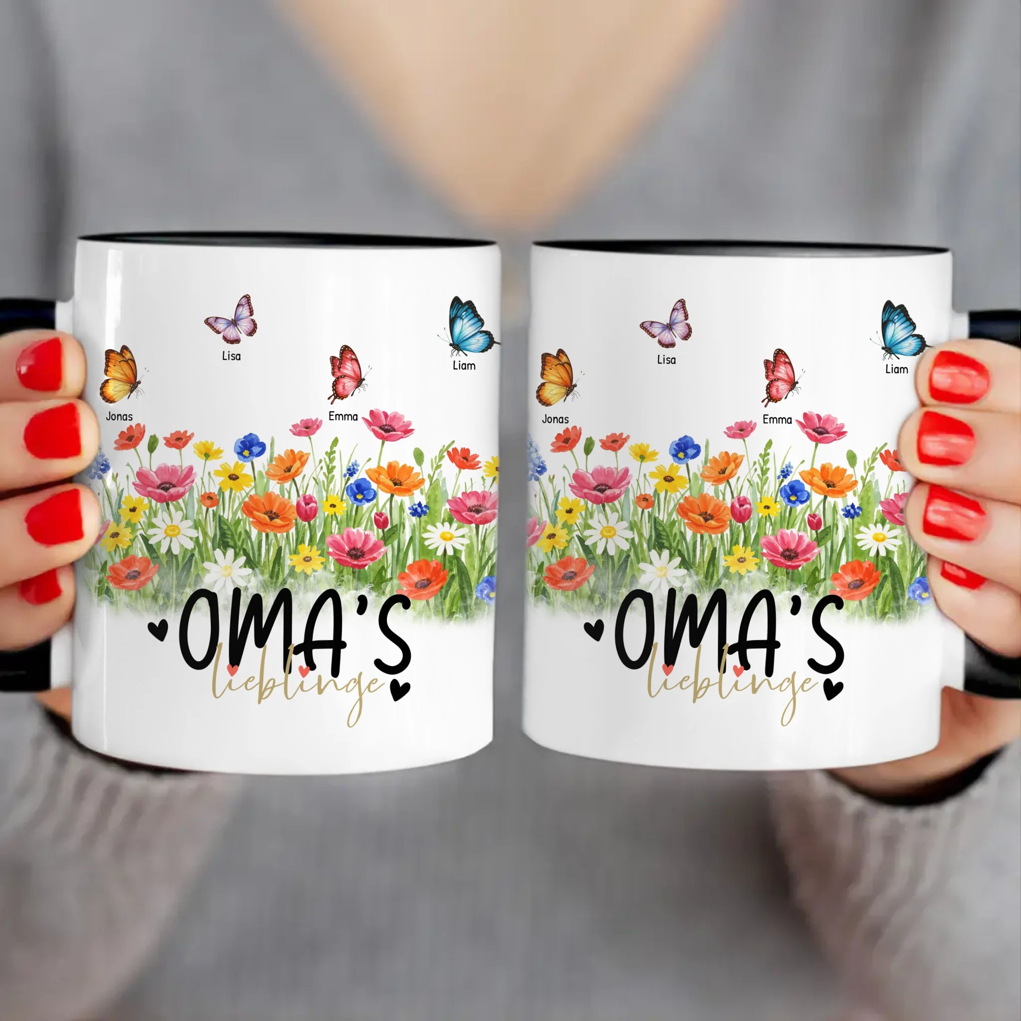 Personalisierte Tasse  - Oma's Garten mit 1-10 Schmetterlingen