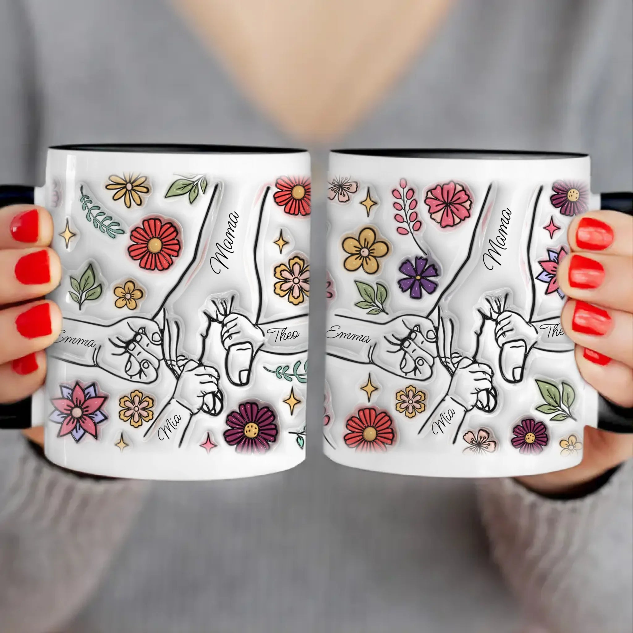 Personalisierte Tasse - Mama-Hand mit 1-6 Kinder-Händen im 3D Look