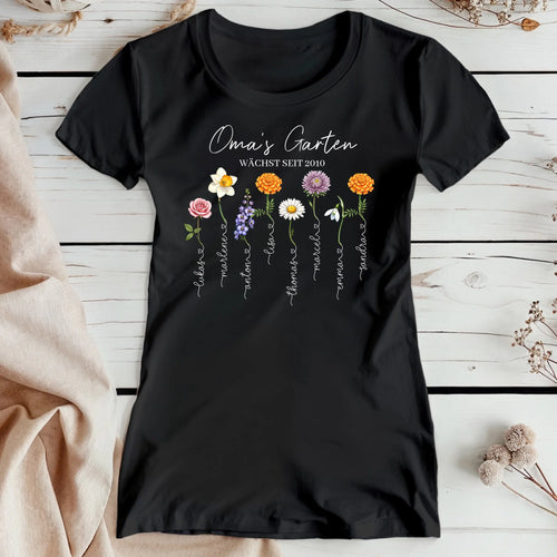 Personalisiertes T-Shirt - Omas Garten mit 1-8 Blumen/Namen