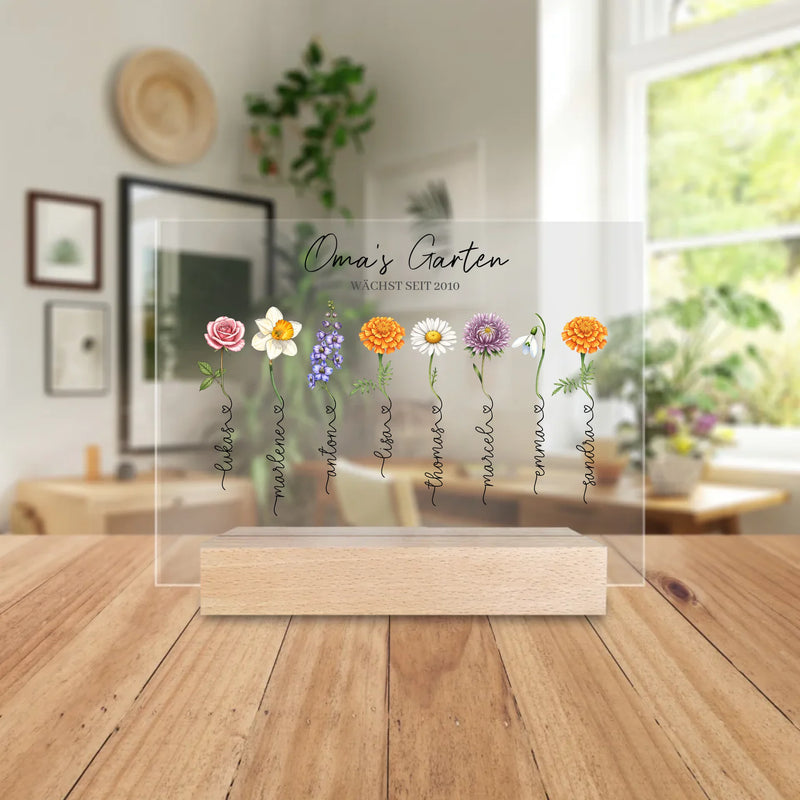 Personalisierte Acrylglasplatte - Omas Garten mit 1-14 Blumen/Namen