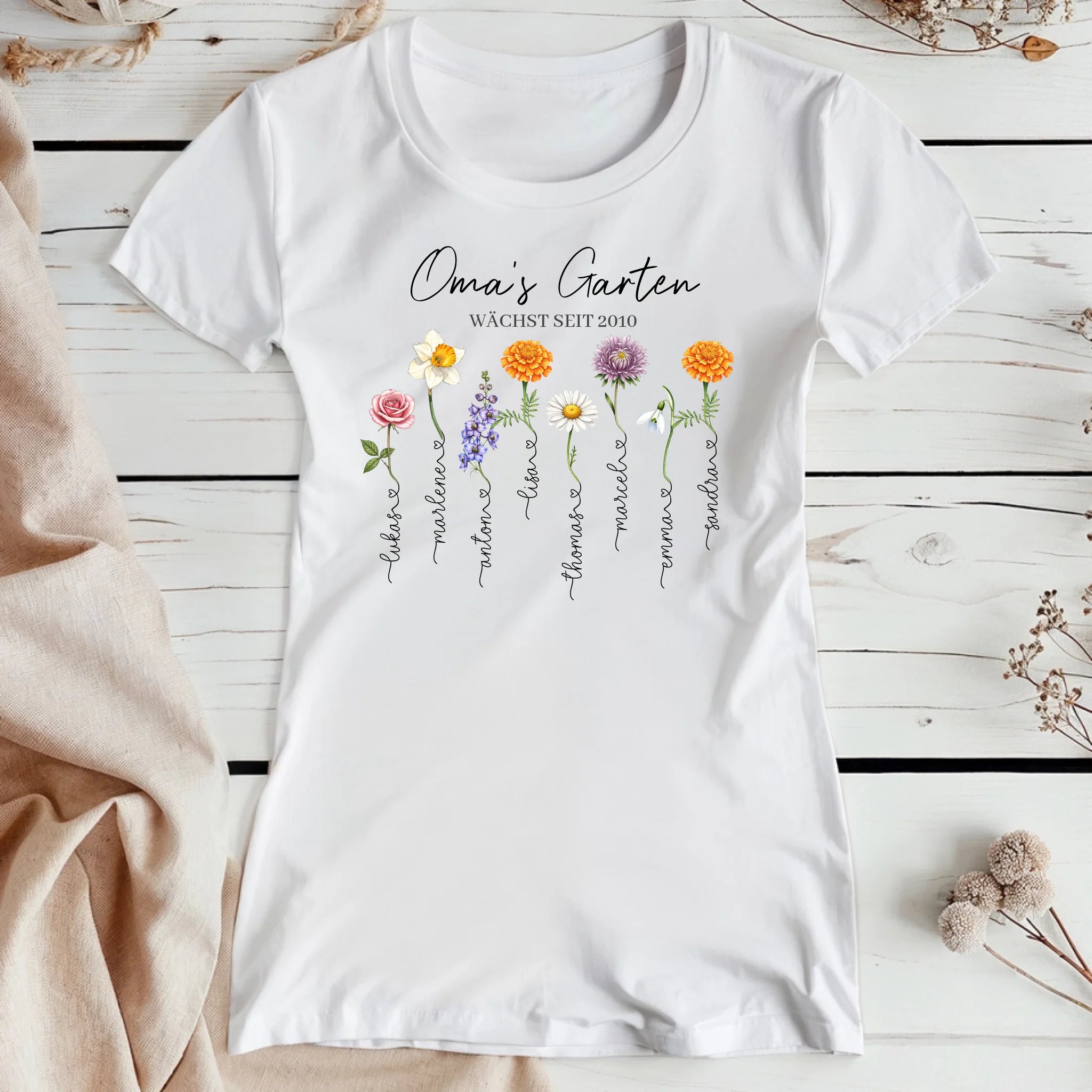 Personalisiertes T-Shirt - Omas Garten mit 1-8 Blumen/Namen