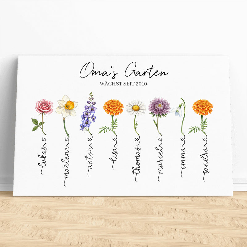 Personalisierte Leinwand - Omas Garten mit 1-14 Blumen/Namen