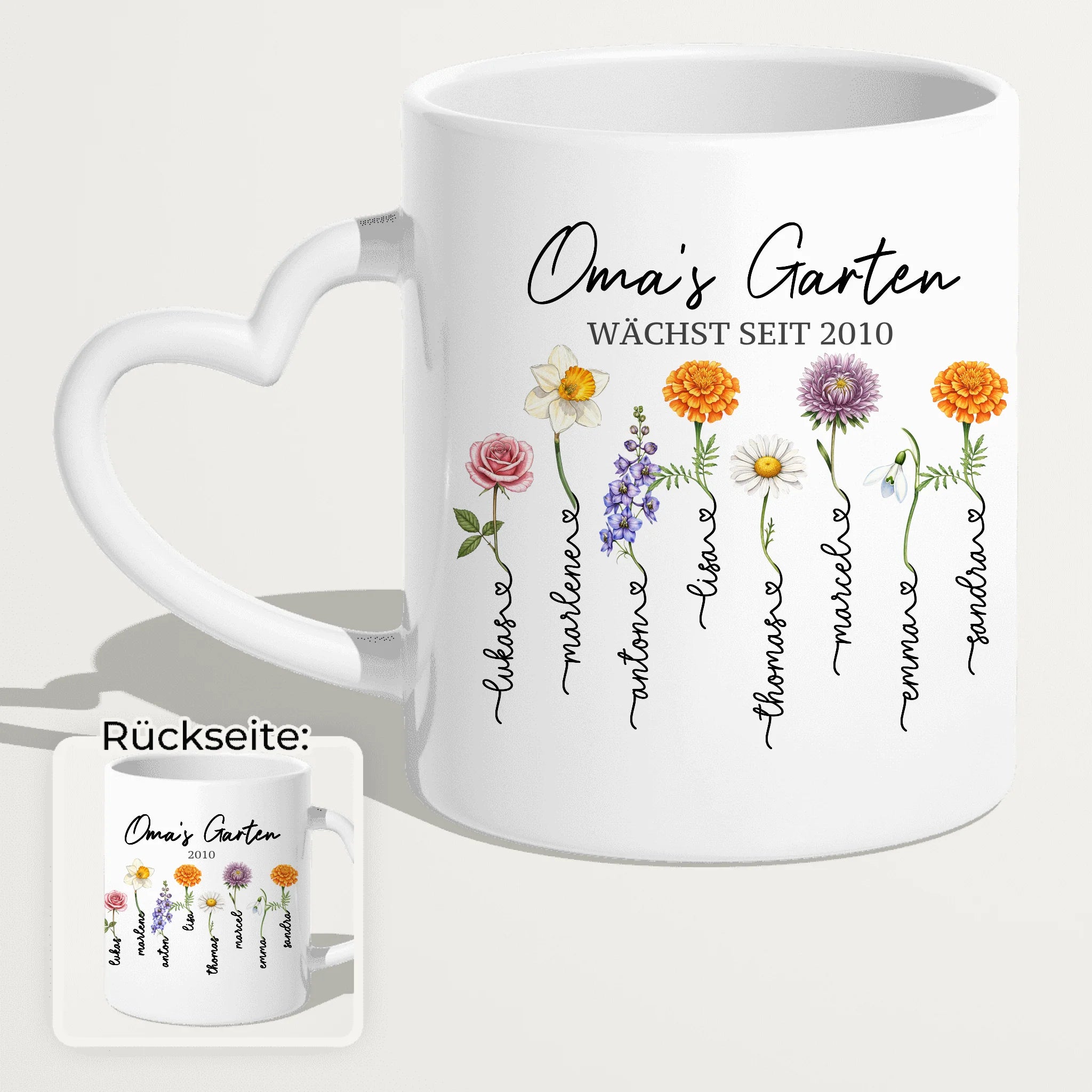 Personalisierte Tasse - Omas Garten mit 1-8 Blumen/Namen
