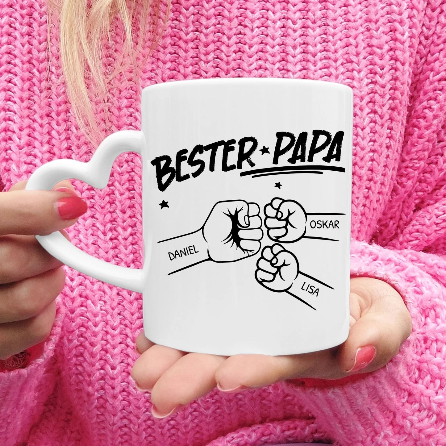 Personalisierte Tasse - Bester Papa Faustcheck/Fist Bump schwarz/weiß