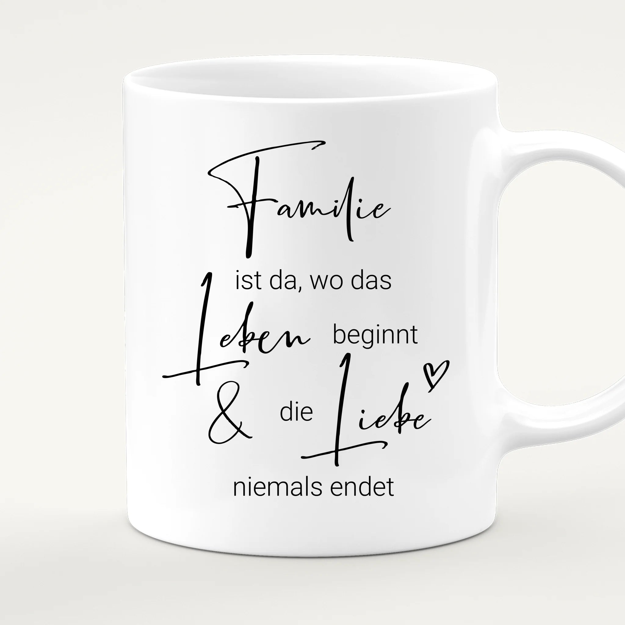 Personalisierte Tasse mit Familie + 1 Hund + 2 Katzen (1 Kind)