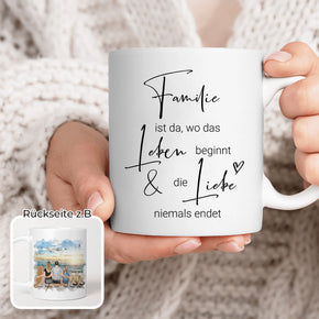 Personalisierte Tasse mit Familie + 1 Hund + 2 Katzen (1 Kind)