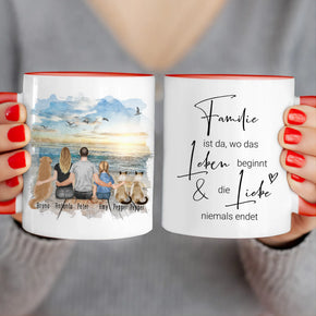 Personalisierte Tasse mit Familie + 1 Hund + 2 Katzen (1 Kind)