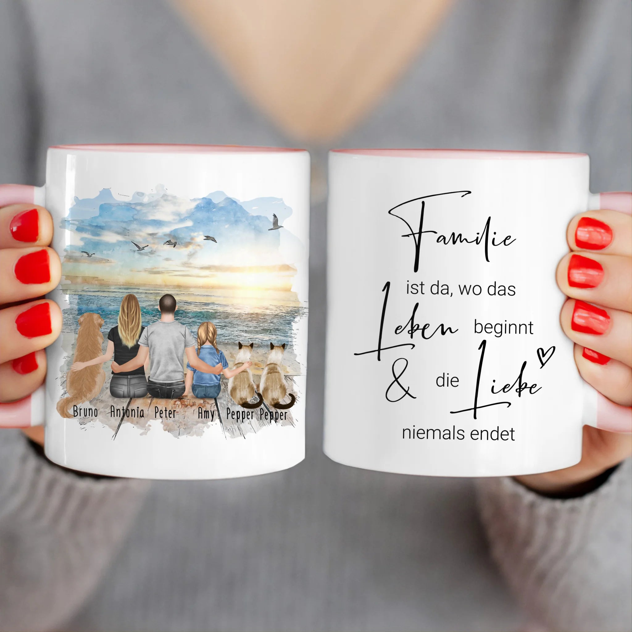 Personalisierte Tasse mit Familie + 1 Hund + 2 Katzen (1 Kind)
