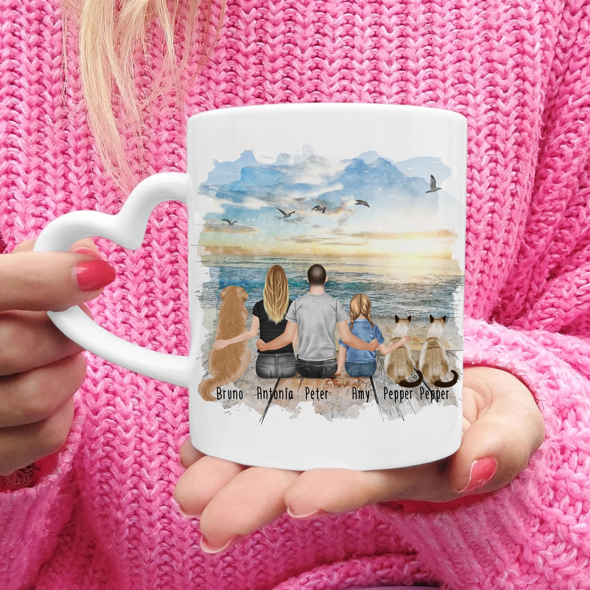 Personalisierte Tasse mit Familie + 1 Hund + 2 Katzen (1 Kind)