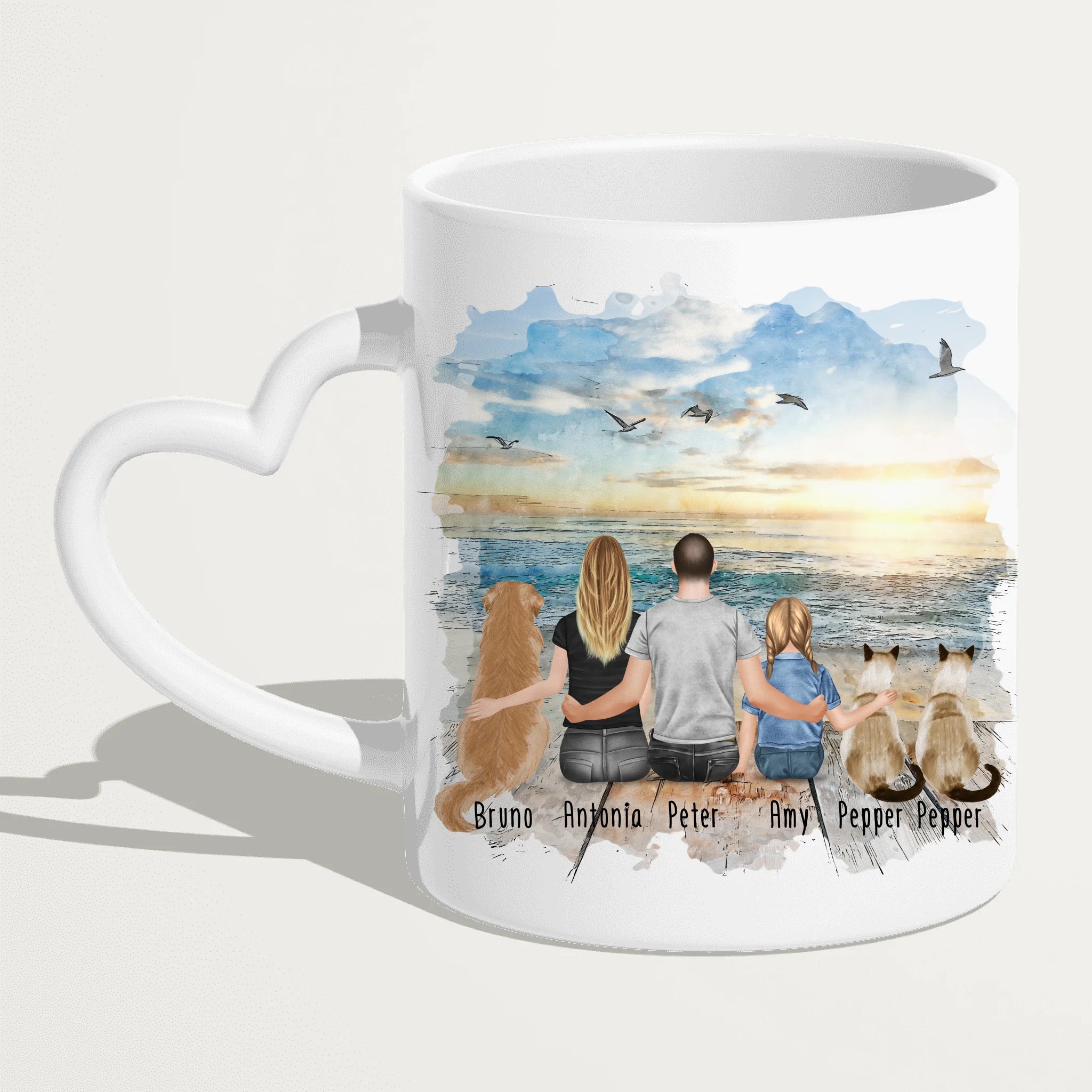 Personalisierte Tasse mit Familie + 1 Hund + 2 Katzen (1 Kind)