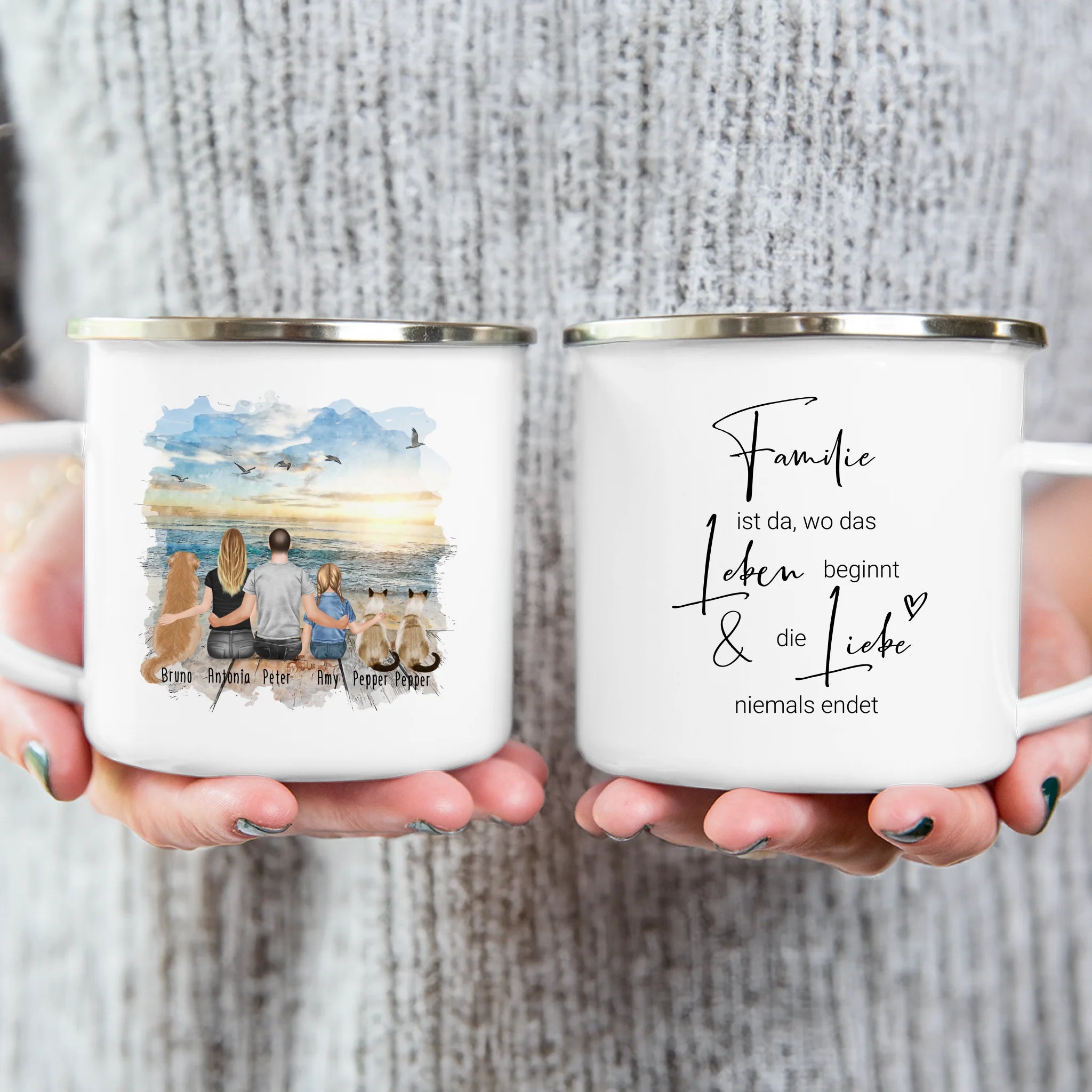 Personalisierte Tasse mit Familie + 1 Hund + 2 Katzen (1 Kind)