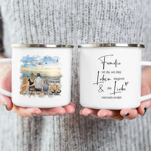 Personalisierte Tasse mit Familie + 1 Hund + 2 Katzen (1 Kind)