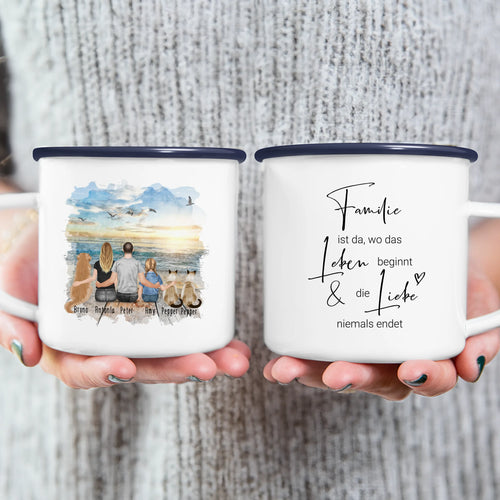 Personalisierte Tasse mit Familie + 1 Hund + 2 Katzen (1 Kind)