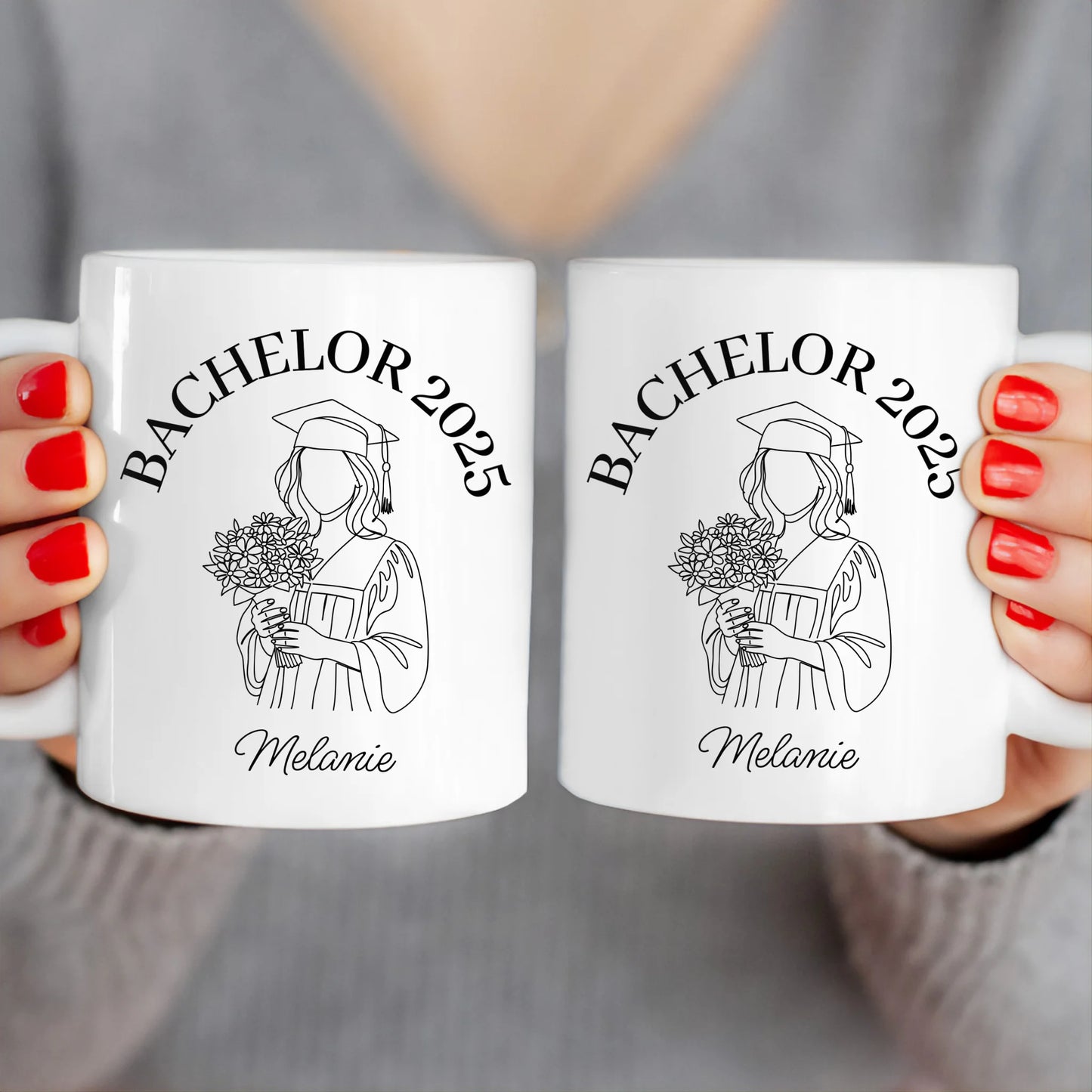 Personalisierte Tasse - Bachelor mit One-Line-Art Zeichnung mit Name und Jahr