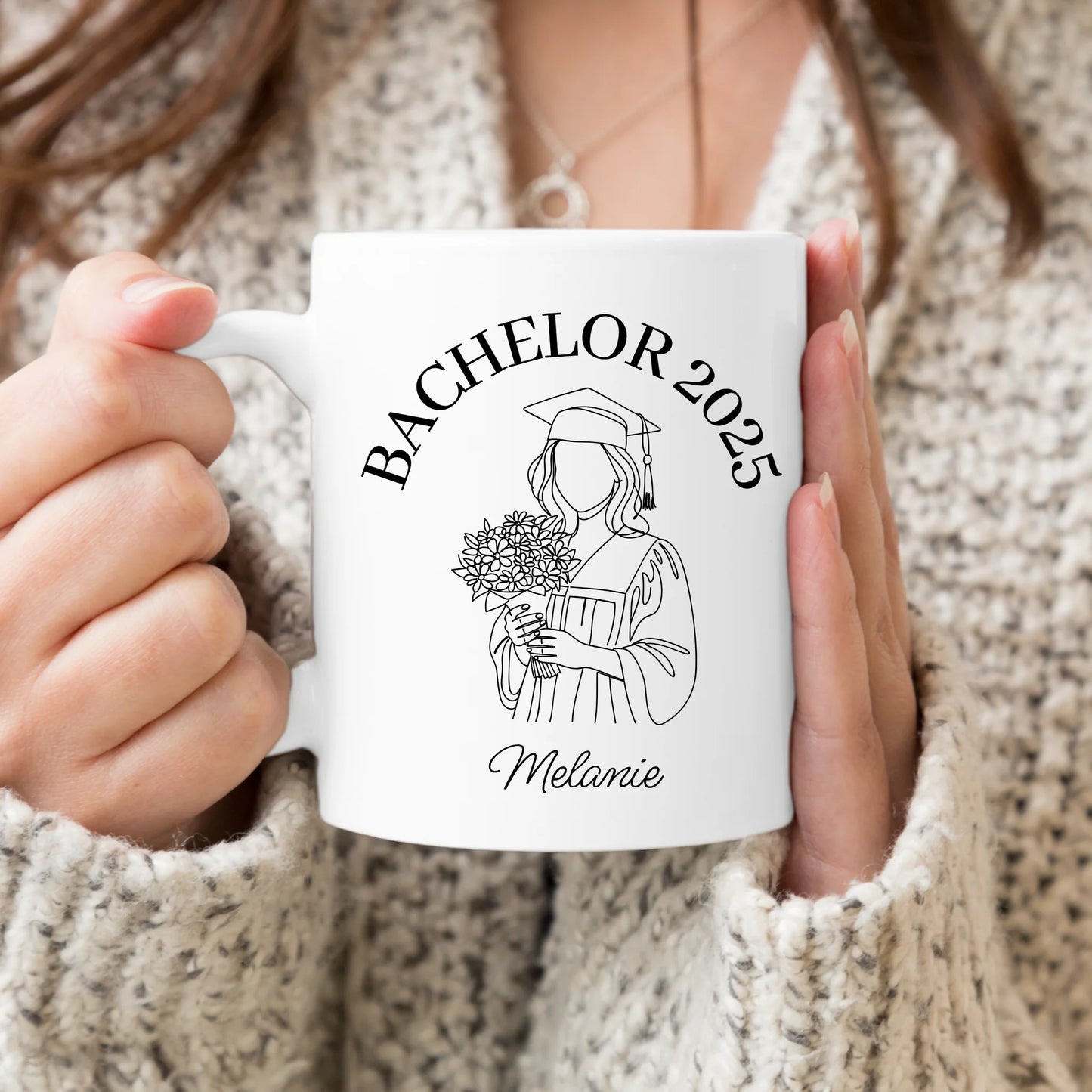 Personalisierte Tasse - Bachelor mit One-Line-Art Zeichnung mit Name und Jahr